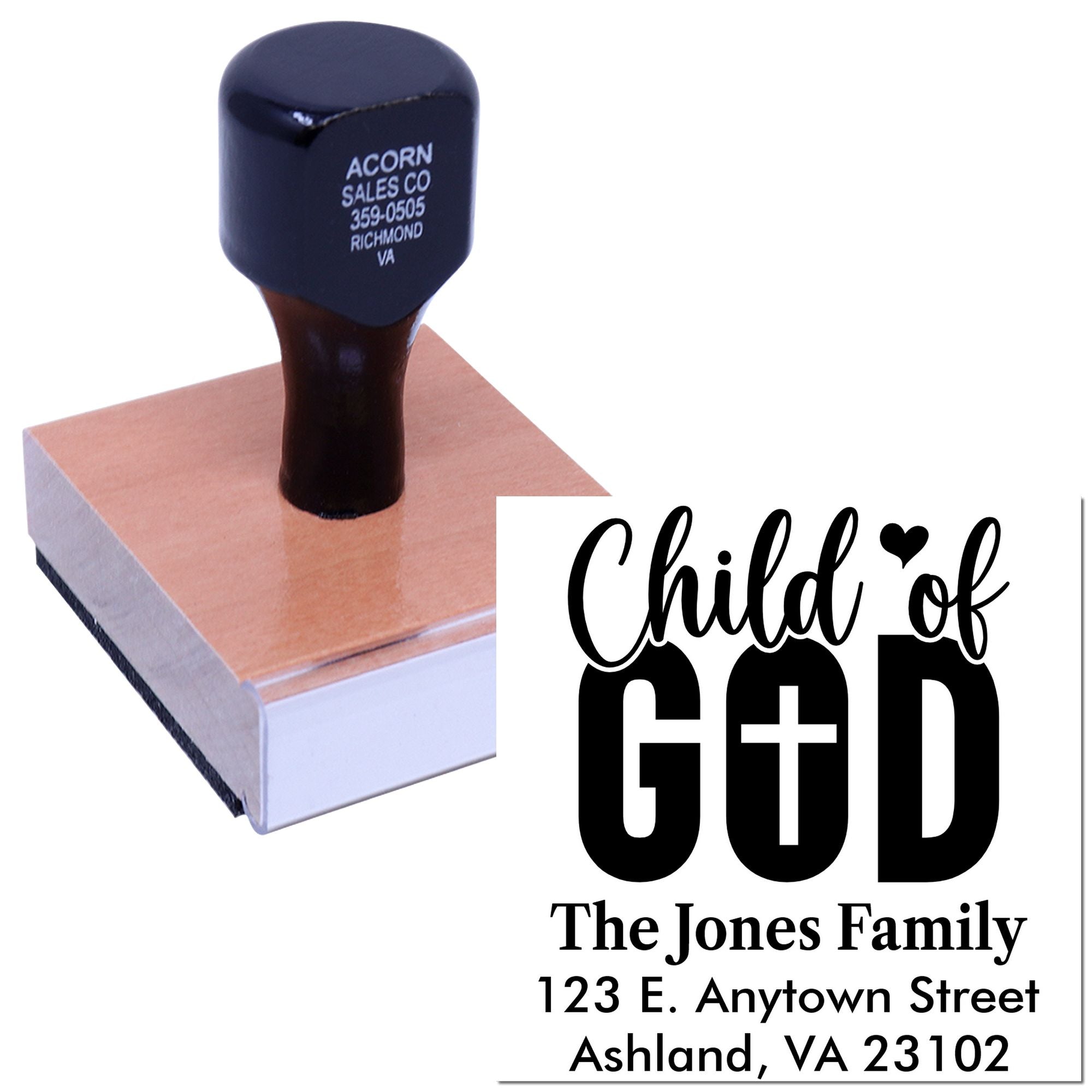 Custom rubber address stamp with Child of God design for personalized Christian family mail, cards, and gift packaging.