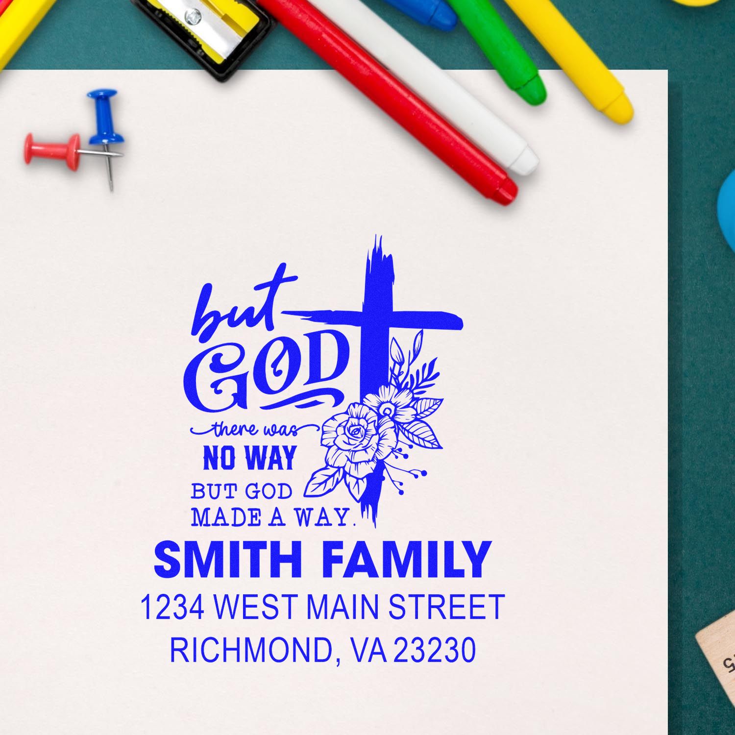 Custom Christian return address rubber stamp proof with cross, floral art, and Smith Family address.