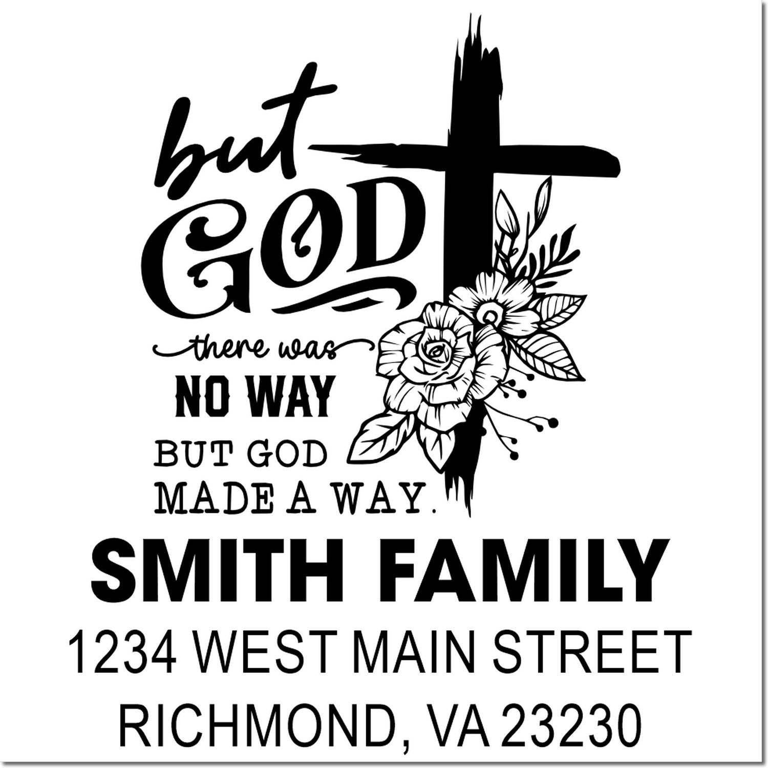Custom Christian return address rubber stamp with cross, floral art, Smith Family, 1234 West Main St, Richmond, VA 23230