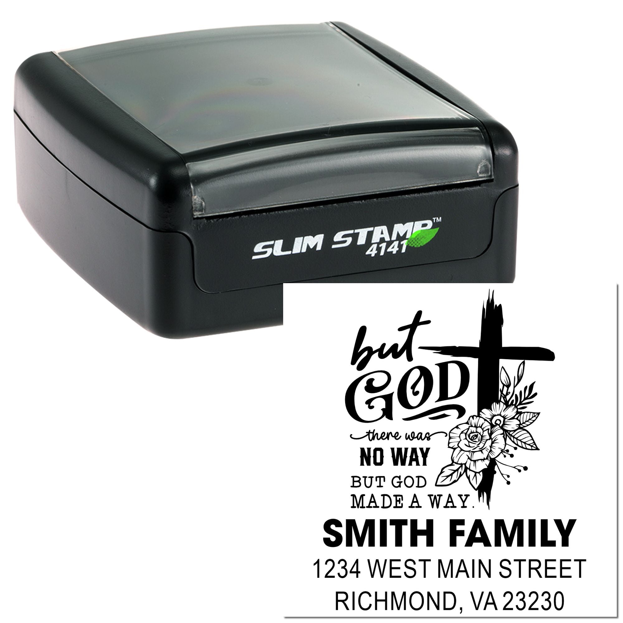 Custom self-inking rubber stamp for family address labels, featuring Bible verse artwork, floral cross, name, and mailing address.