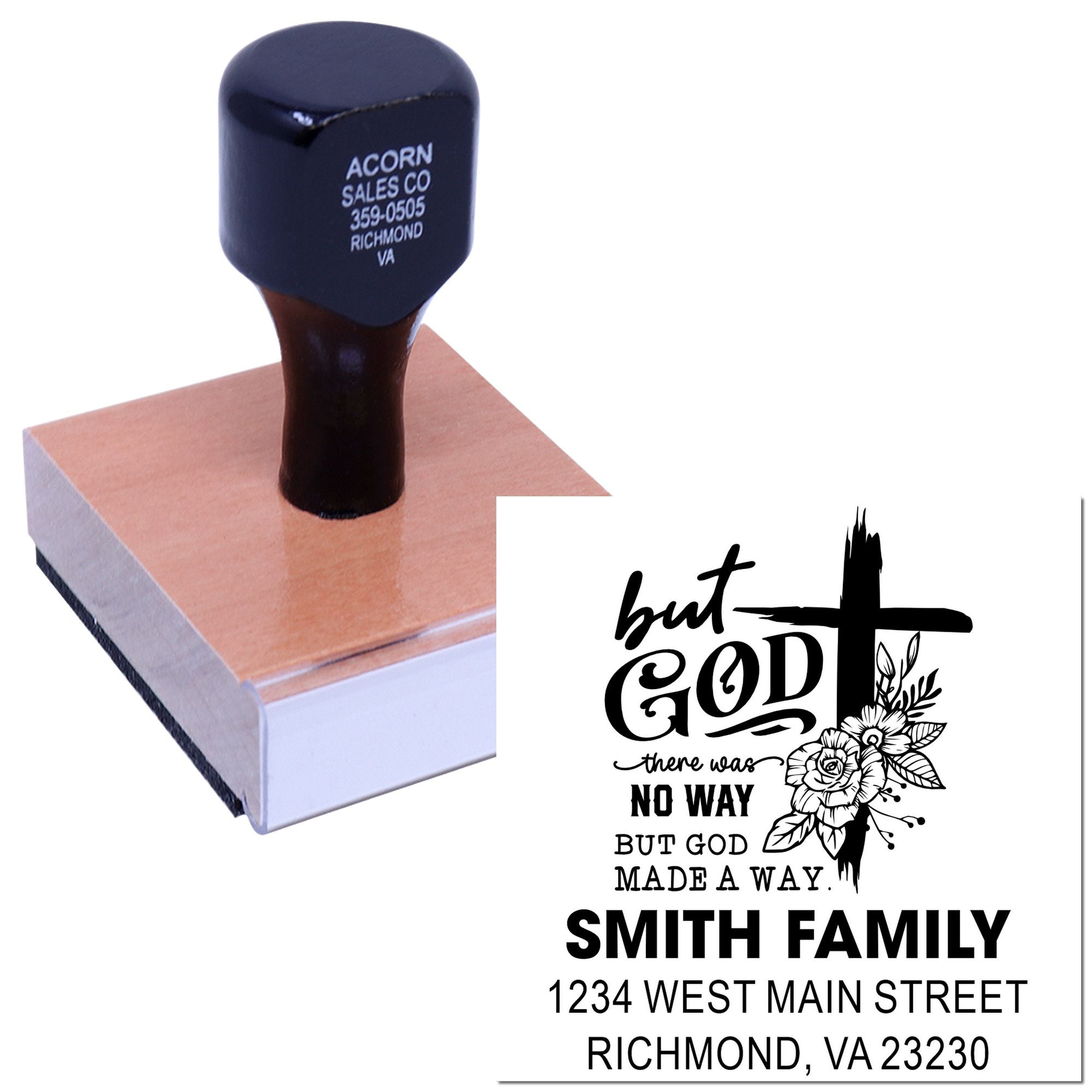 Custom religious family address rubber stamp with But God cross design, Smith Family name, and return mailing address