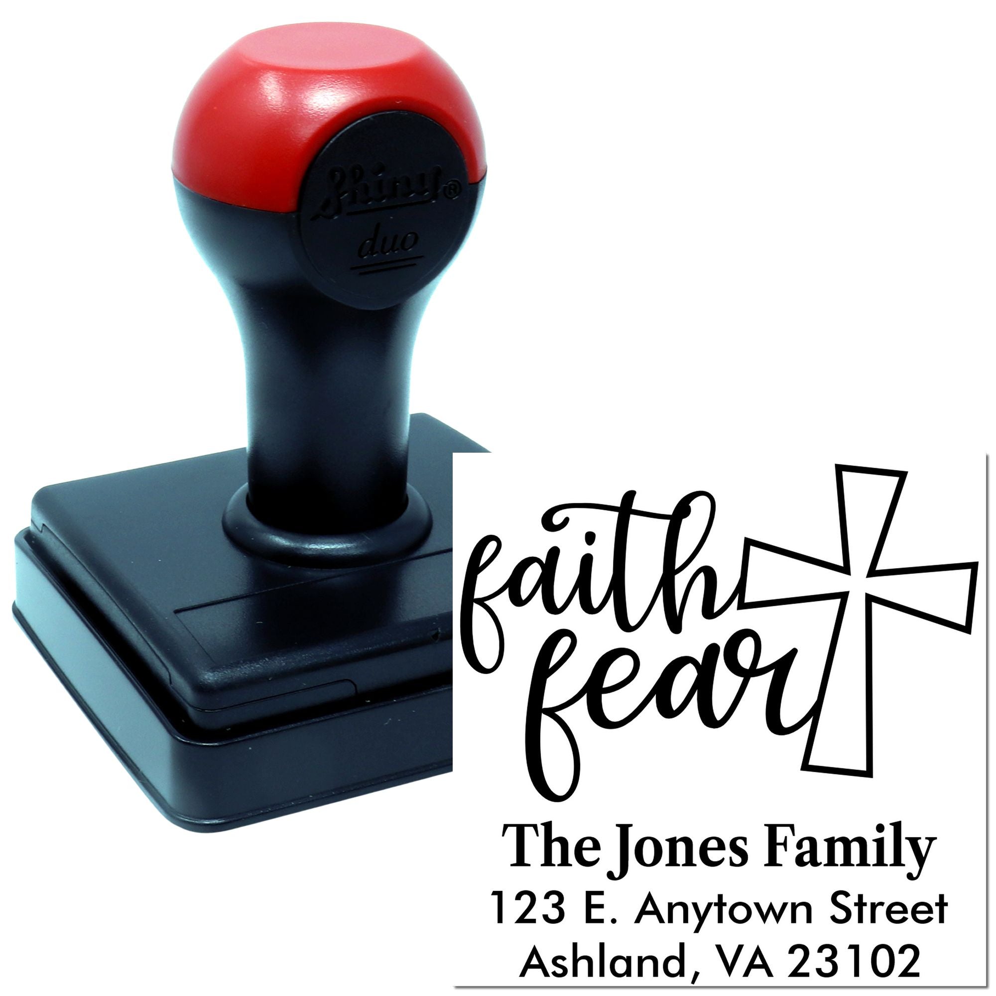Custom faith heart address rubber stamp with self-inking handle, personalized with family name and mailing address.