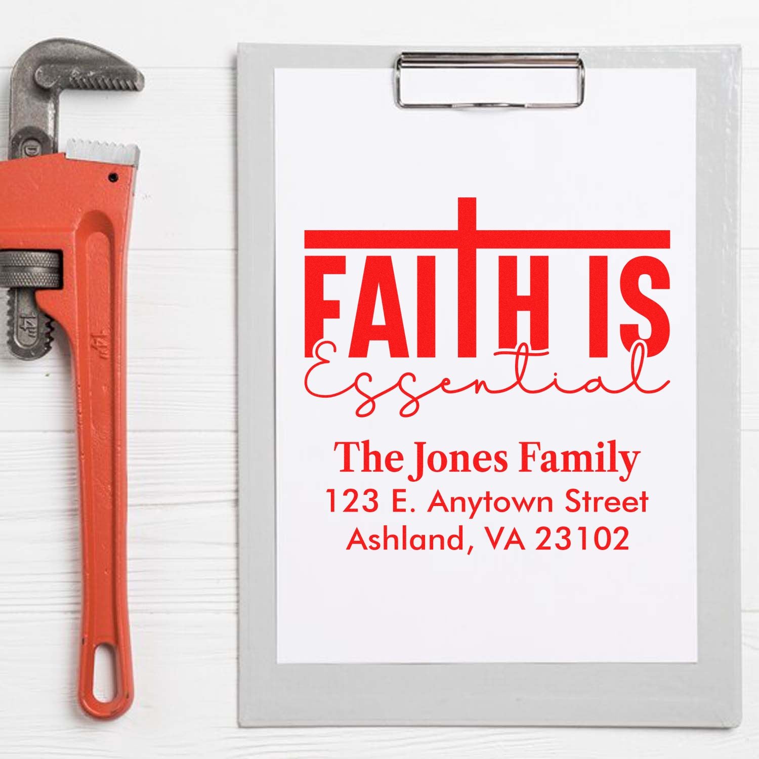 Custom Faith Is Essential return address rubber stamp for personalized religious mail, family name and address design mockup.