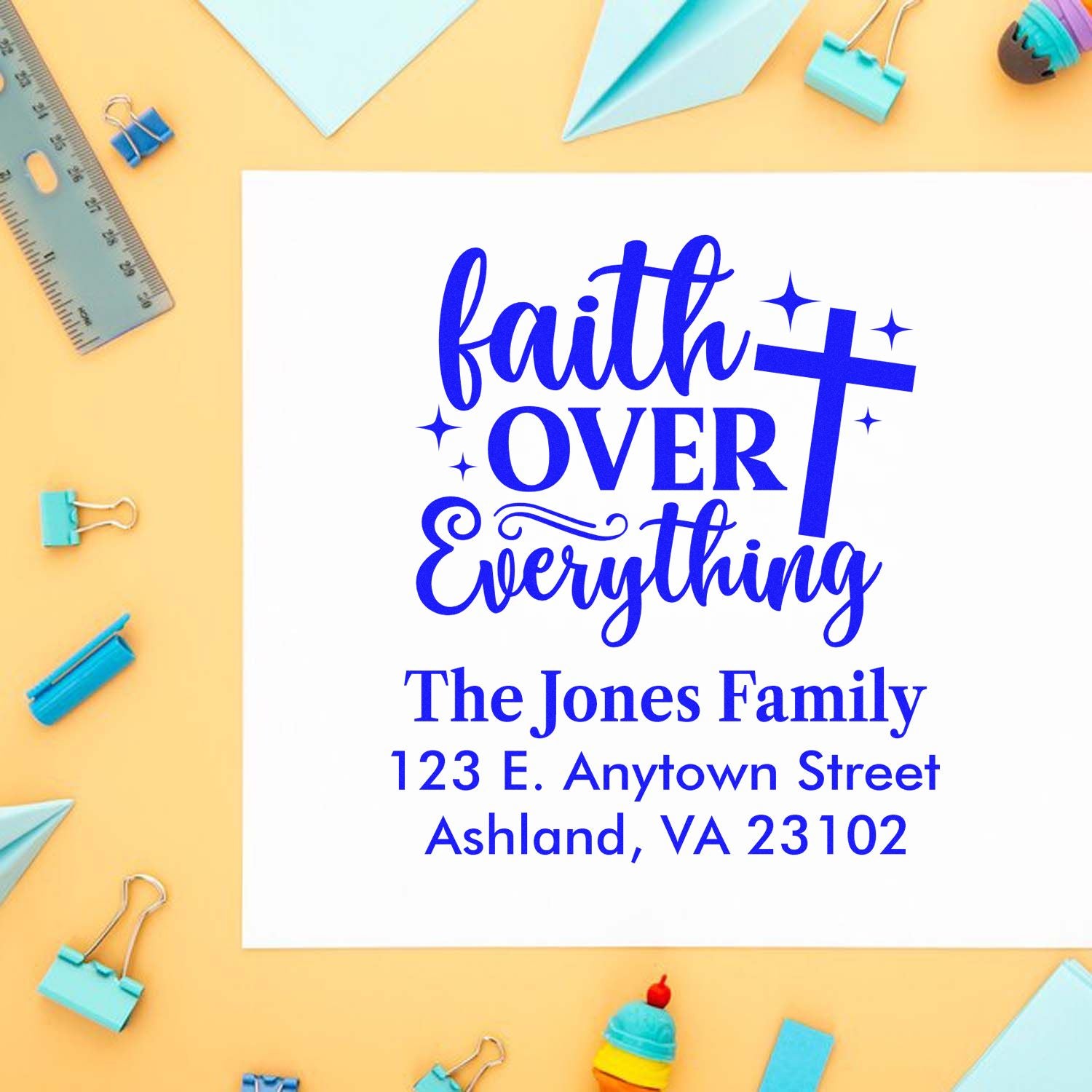 Custom Faith Over Everything return address rubber stamp with cross, family name, and Virginia address for Christian stationery