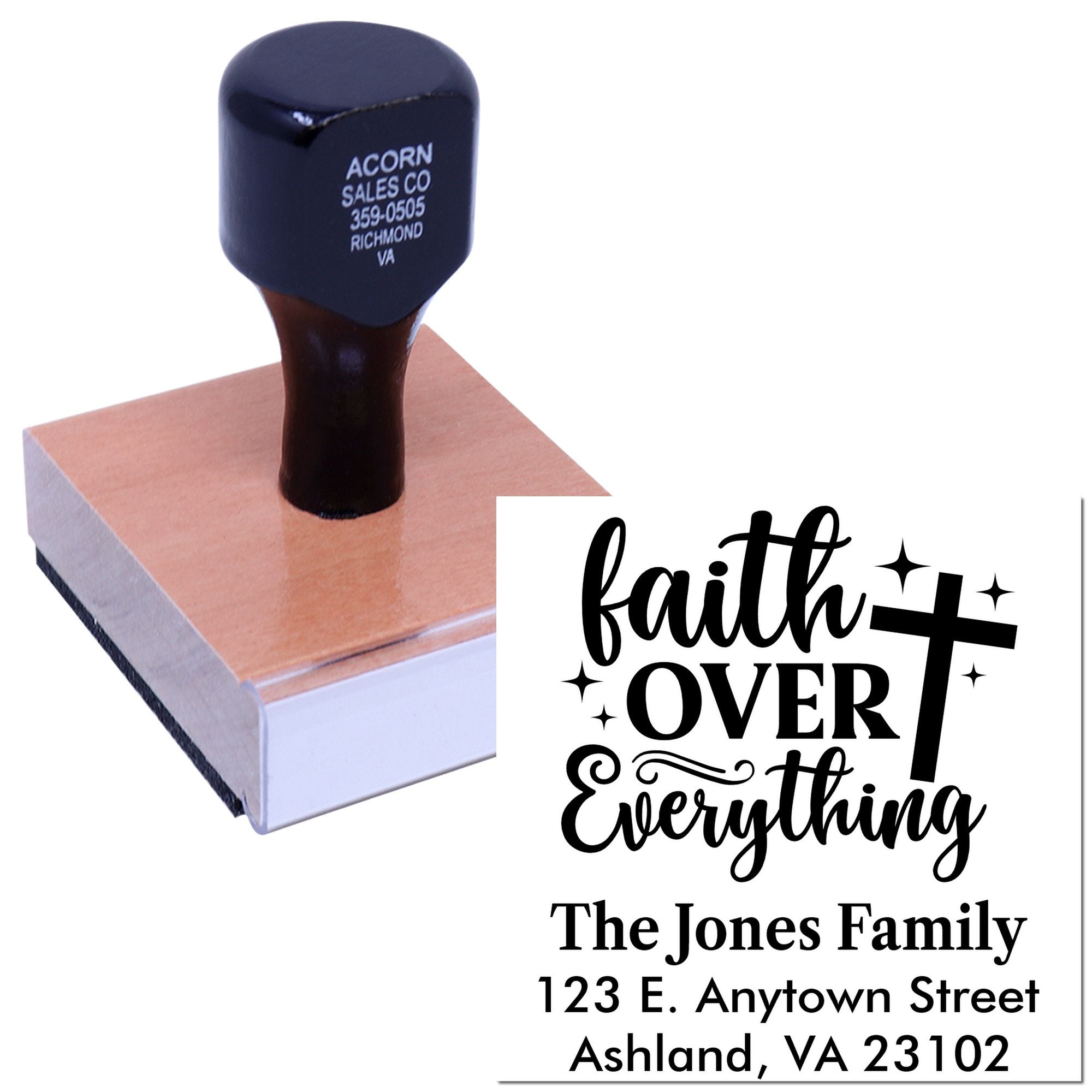 Custom faith over everything rubber stamp with personalized family name and address for mailings, labels, and faith-based stationery.