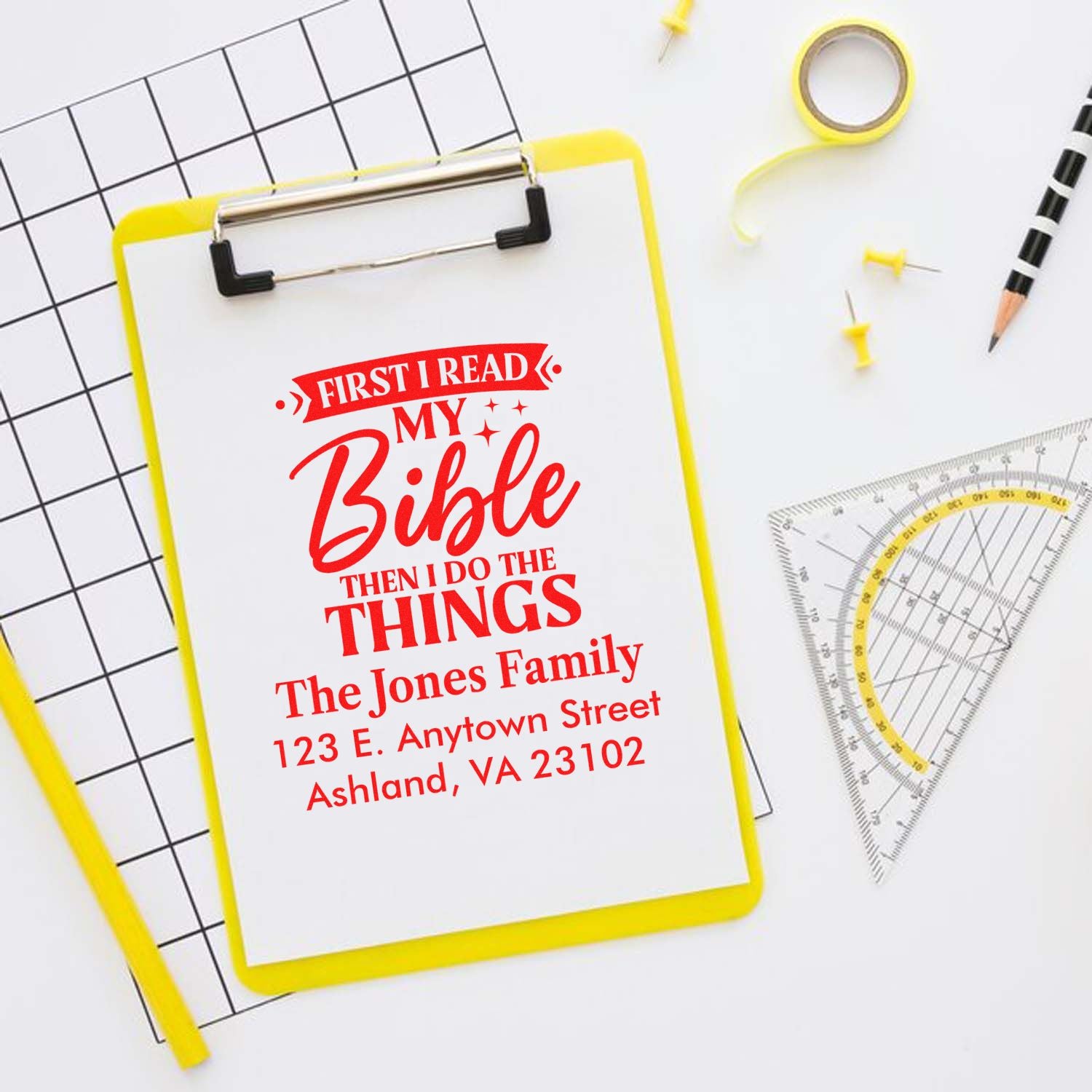 Personalized return address rubber stamp with Bible quote, featuring First I Read My Bible Then I Do the Things for family mail.