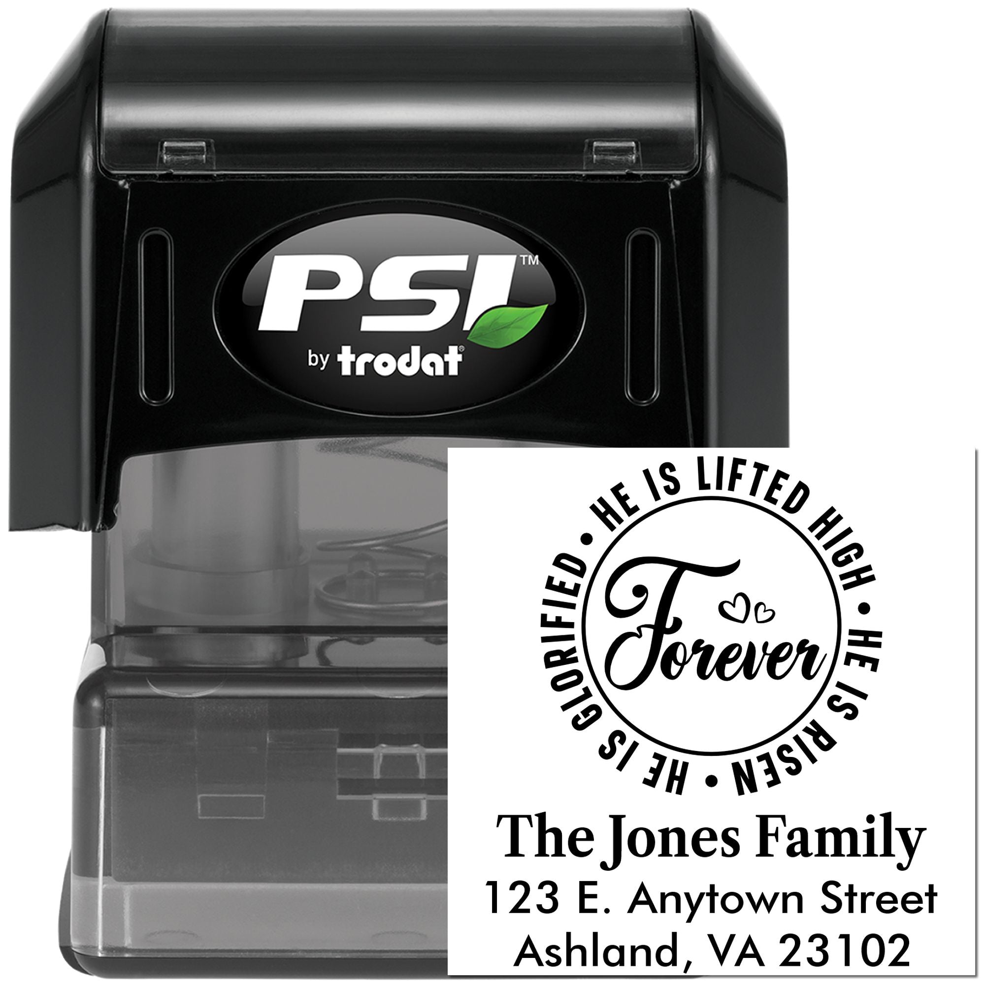 PSI by Trodat self-inking rubber stamp with custom He Is Risen address design for religious cards and mailings