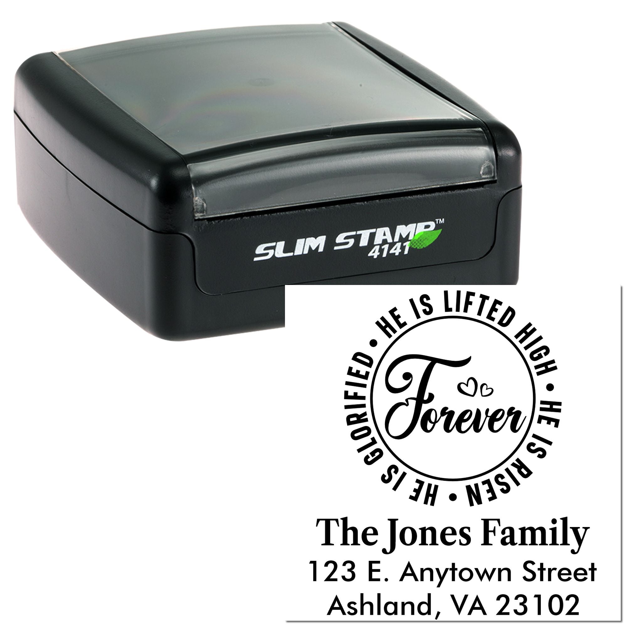 Custom self-inking rubber address stamp with wedding monogram and family address for personalized mailing.