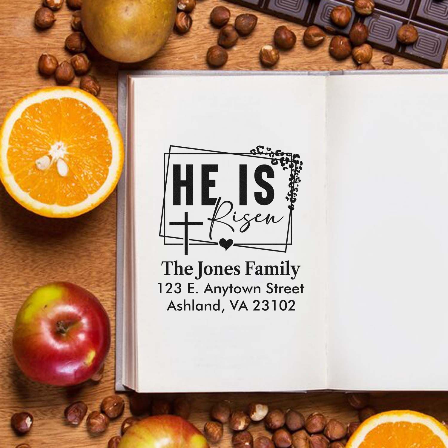 Personalized He Is Risen rubber stamp with family name and return address for Christian Easter cards.