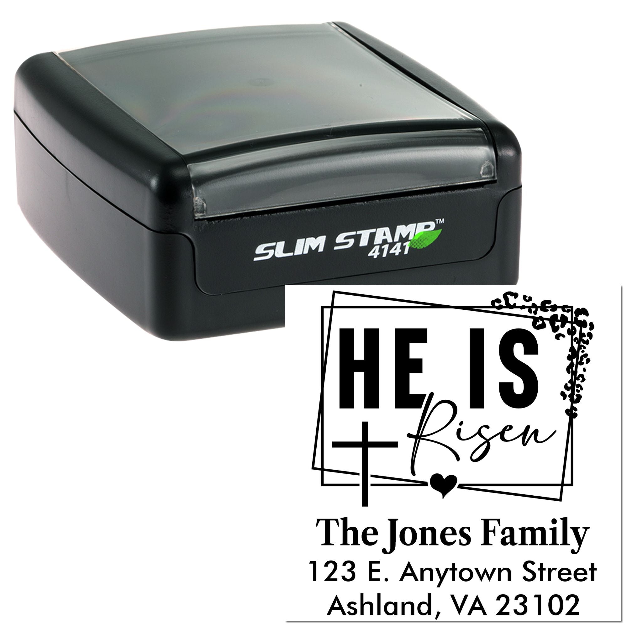 Slim self-inking rubber stamp with custom He Is Risen family address design for Easter cards and church mailings.