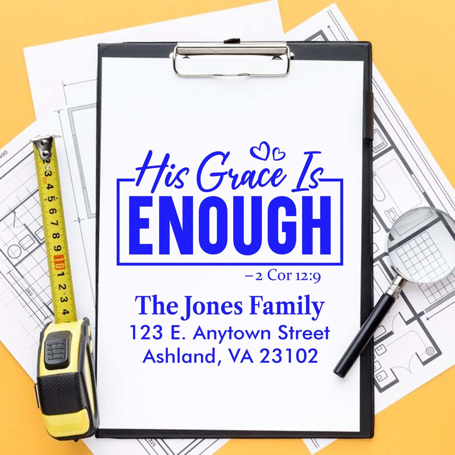 Personalized Christian return address rubber stamp with His Grace Is Enough scripture, family name, and address.
