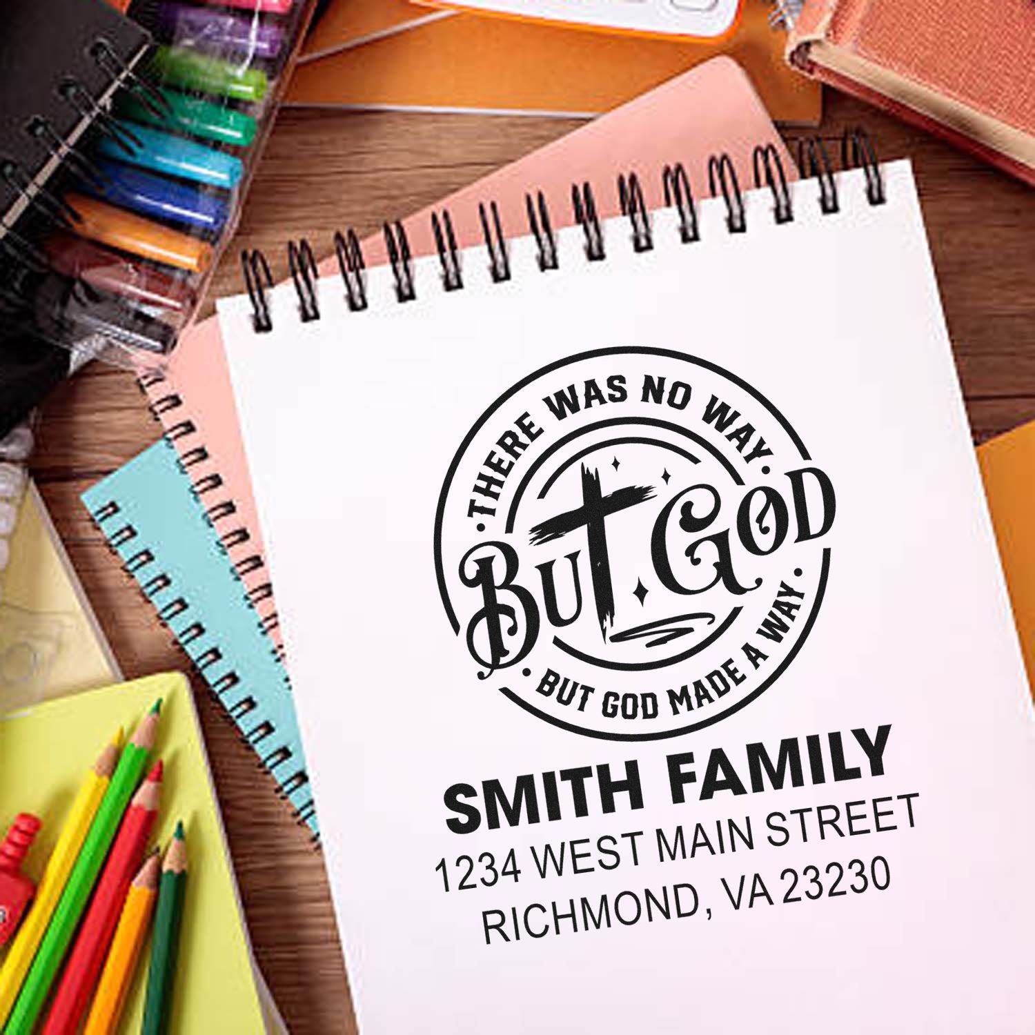 Custom rubber stamp with Christian quote, Smith family name, and address for personalized stationery and packaging.
