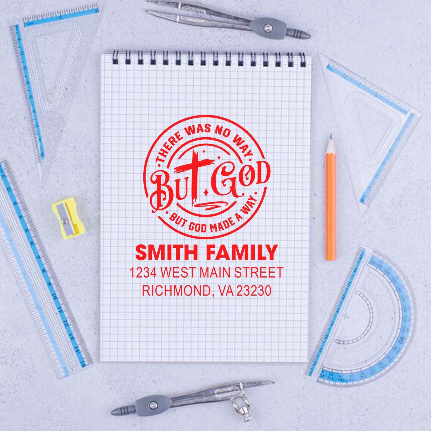 Custom Christian rubber stamp with Smith family return address and inspirational quote for personalized mailing.