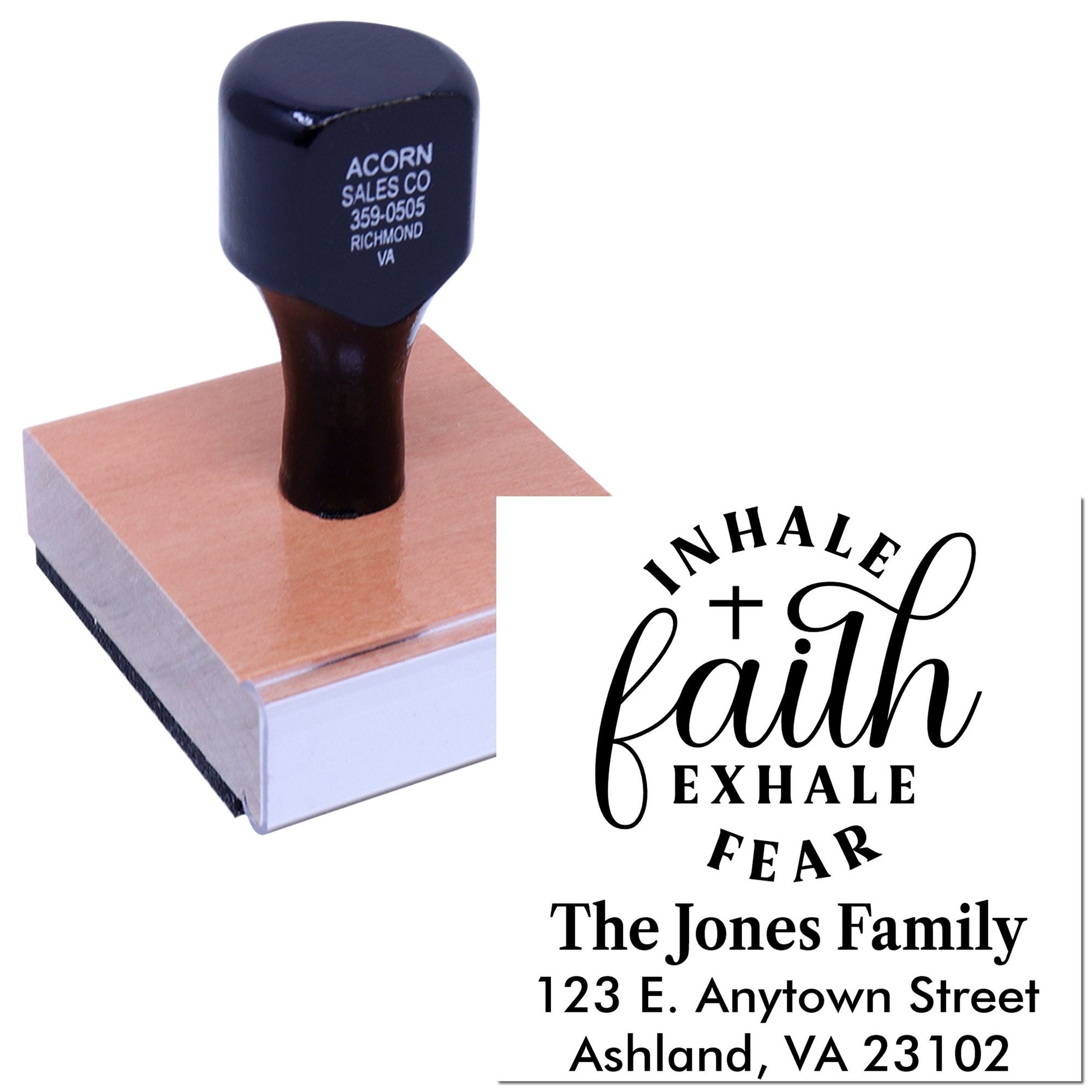 Personalized rubber stamp with Inhale Faith Exhale Fear design, family name, and address for custom return mailing.