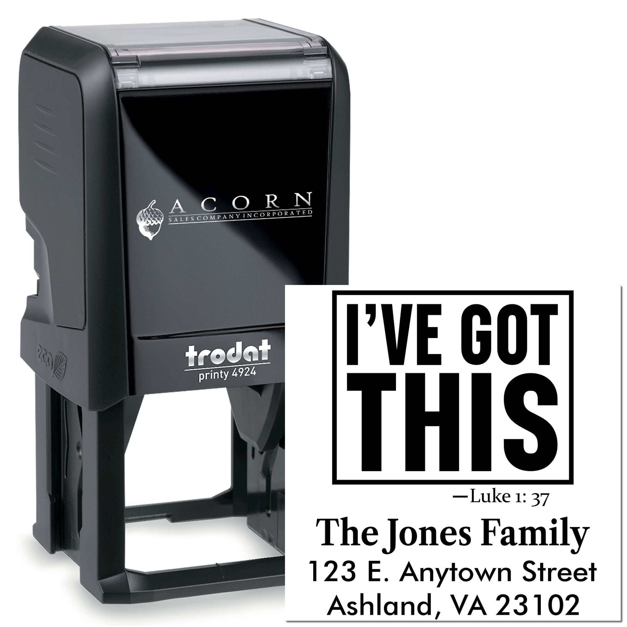 Custom self-inking rubber stamp with Ive Got This Bible verse and personalized family return address.