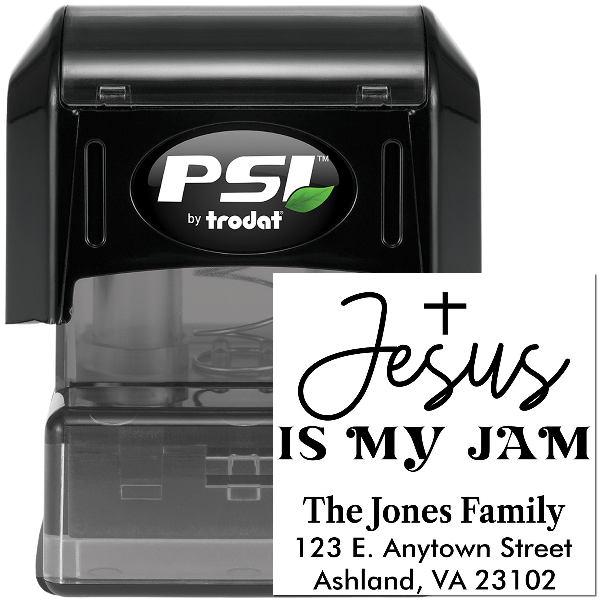 Custom self-inking rubber stamp with Jesus Is My Jam and family address for personalized Christian mailings.