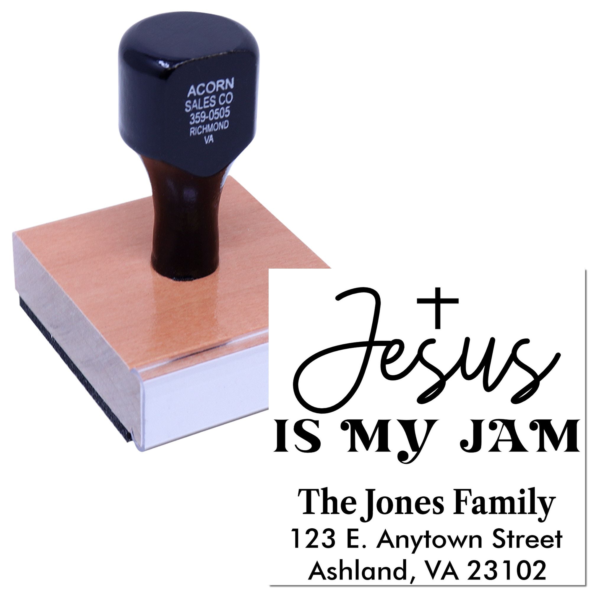 Custom rubber stamp with Jesus is my Jam Christian family return address design for personalized mailing.