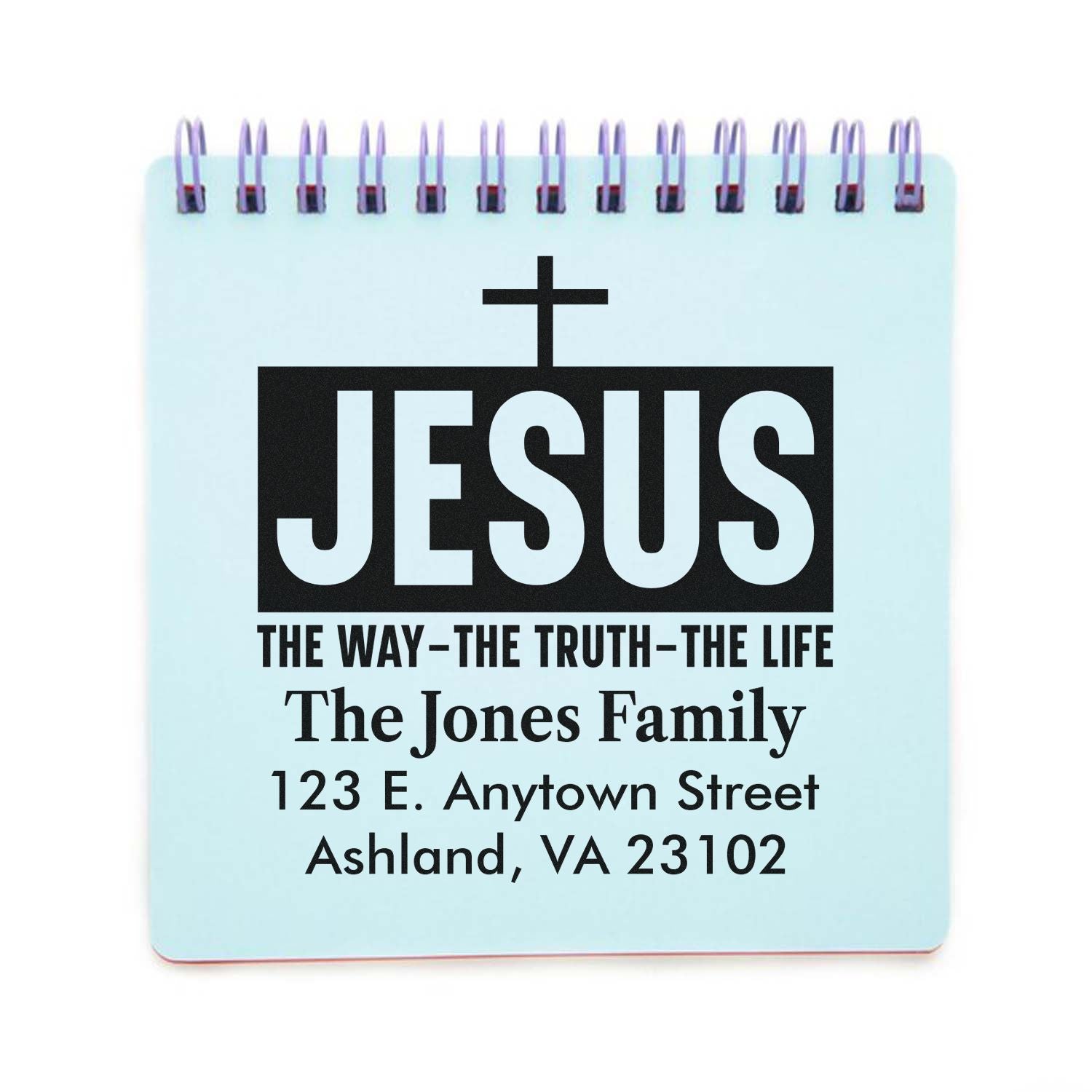 Custom Christian rubber stamp design with Jesus, family name, and address for faith-based personalized mailings.