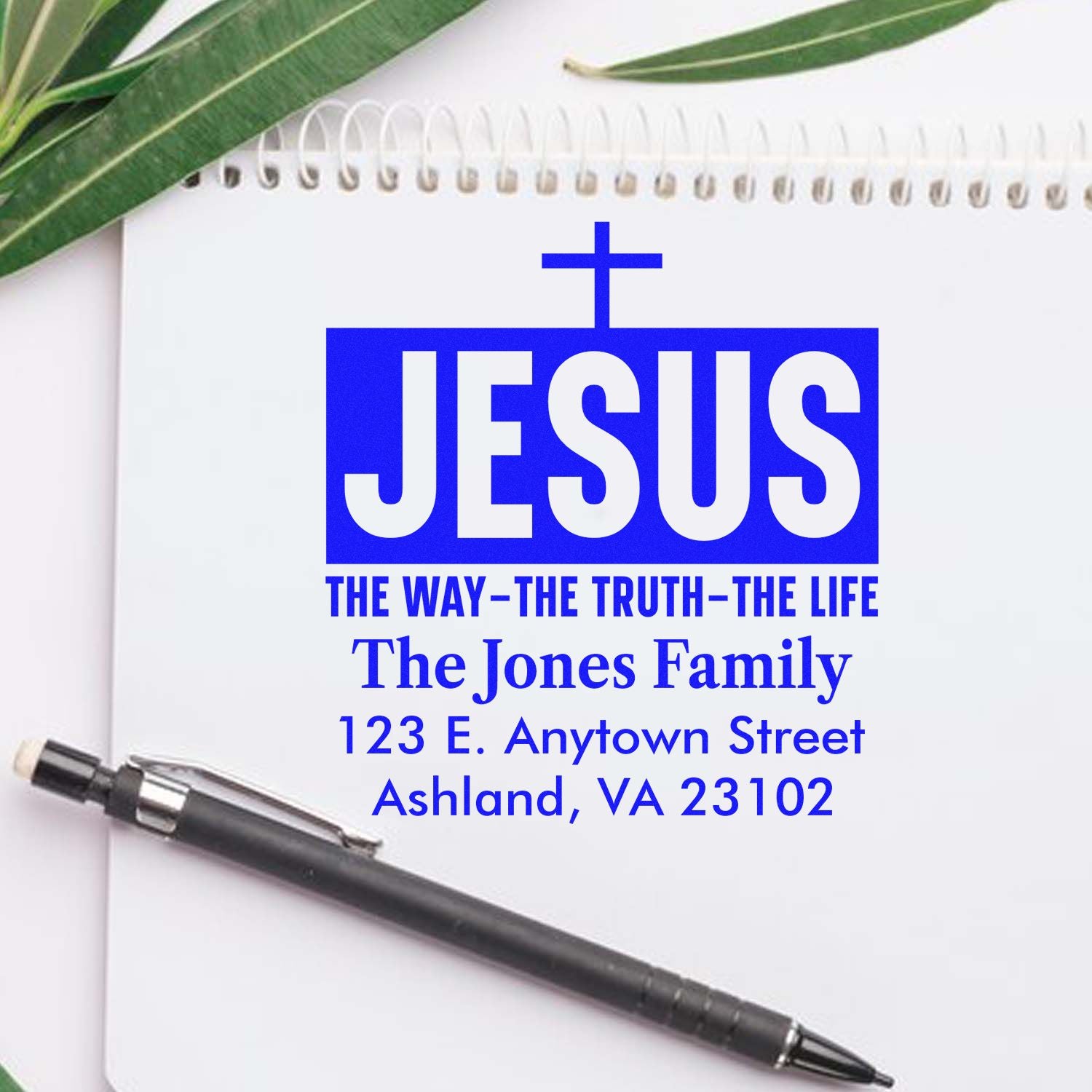Custom Christian return address rubber stamp with JESUS, Bible verse, family name, and address for church mailings.