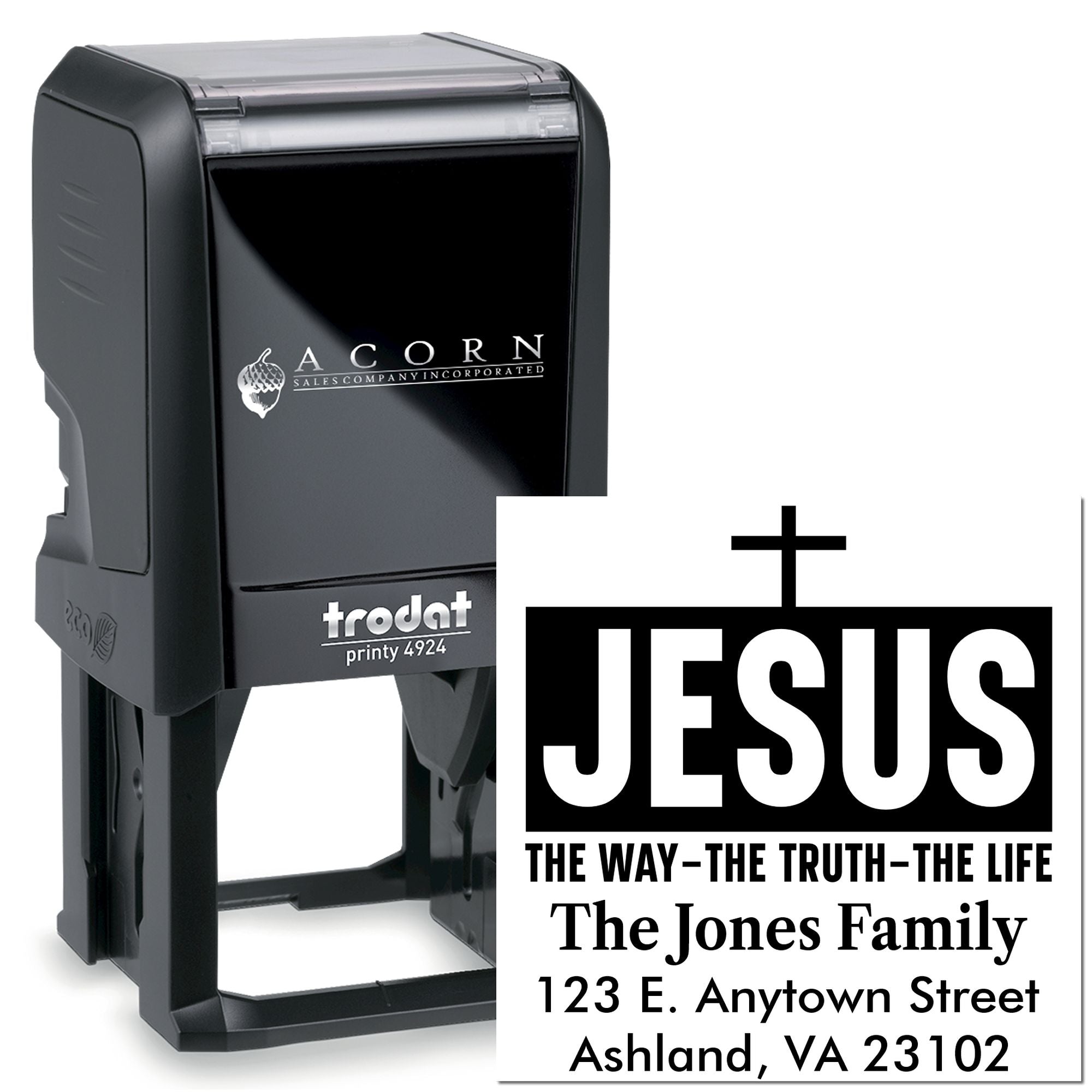 Custom self-inking rubber stamp with Jesus design and The Jones Family return address, ideal for Christian mailing and labeling