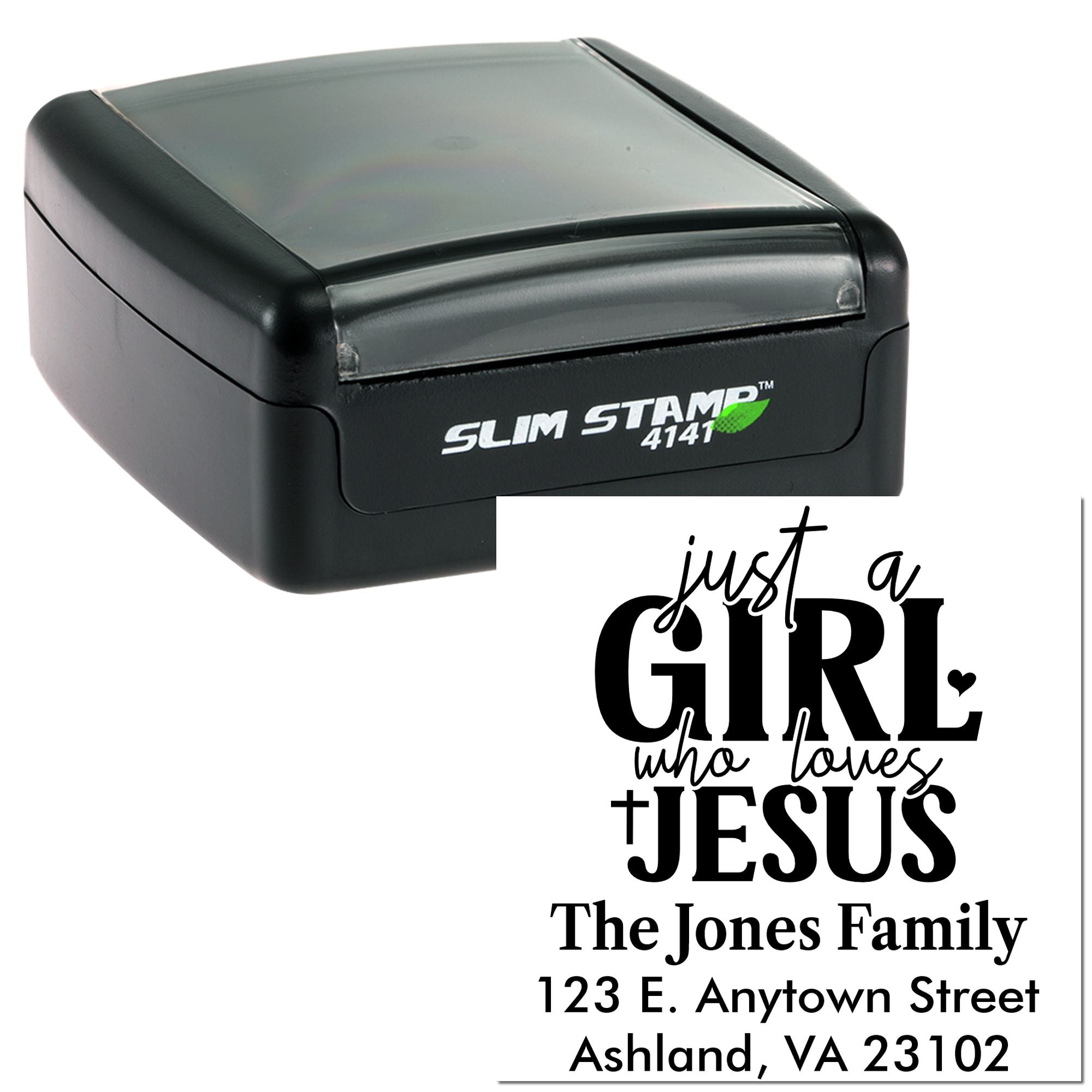 Custom self-inking rubber stamp with Christian just a girl who loves Jesus return address design.