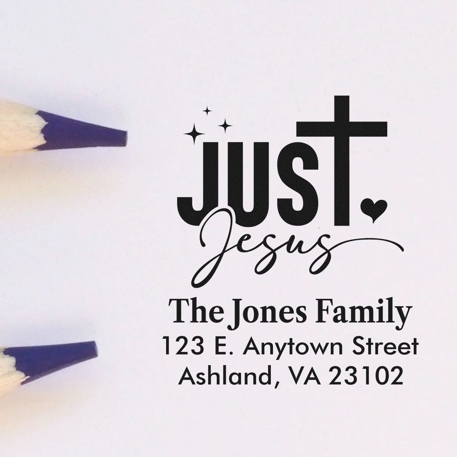 Personalized Just Jesus family return address rubber stamp with The Jones Family, Ashland, VA address.