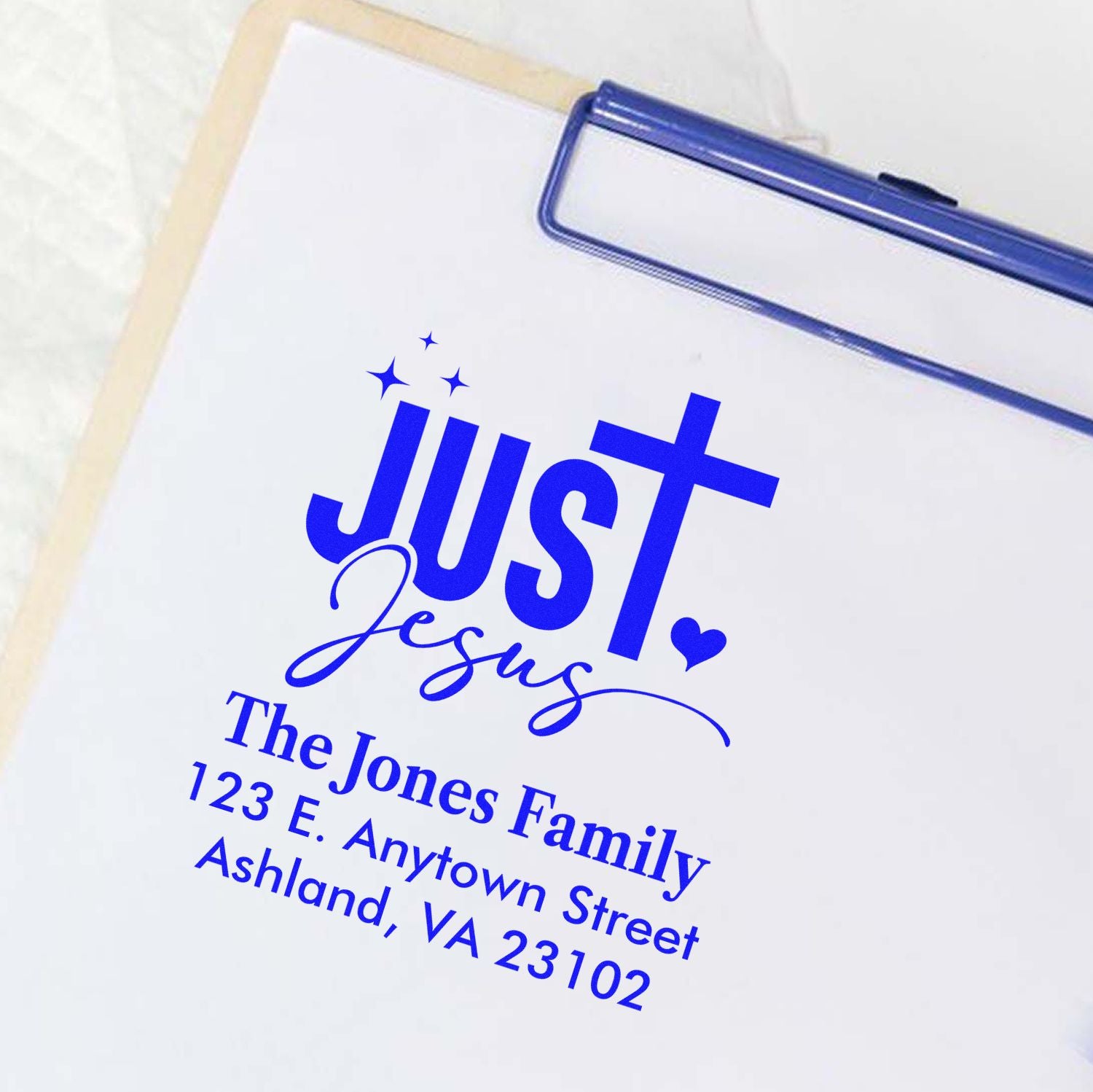 Custom religious return address rubber stamp with Just Jesus design for The Jones Family, Ashland VA.