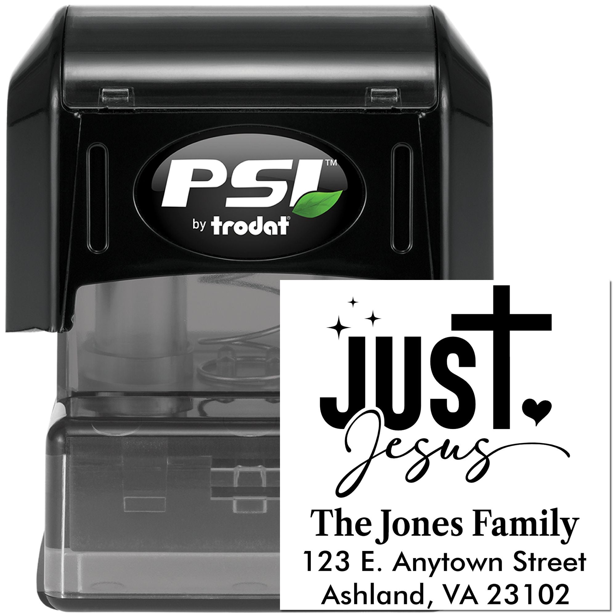 Custom Christian self-inking address stamp with Just Jesus design for envelopes, cards, and packaging.