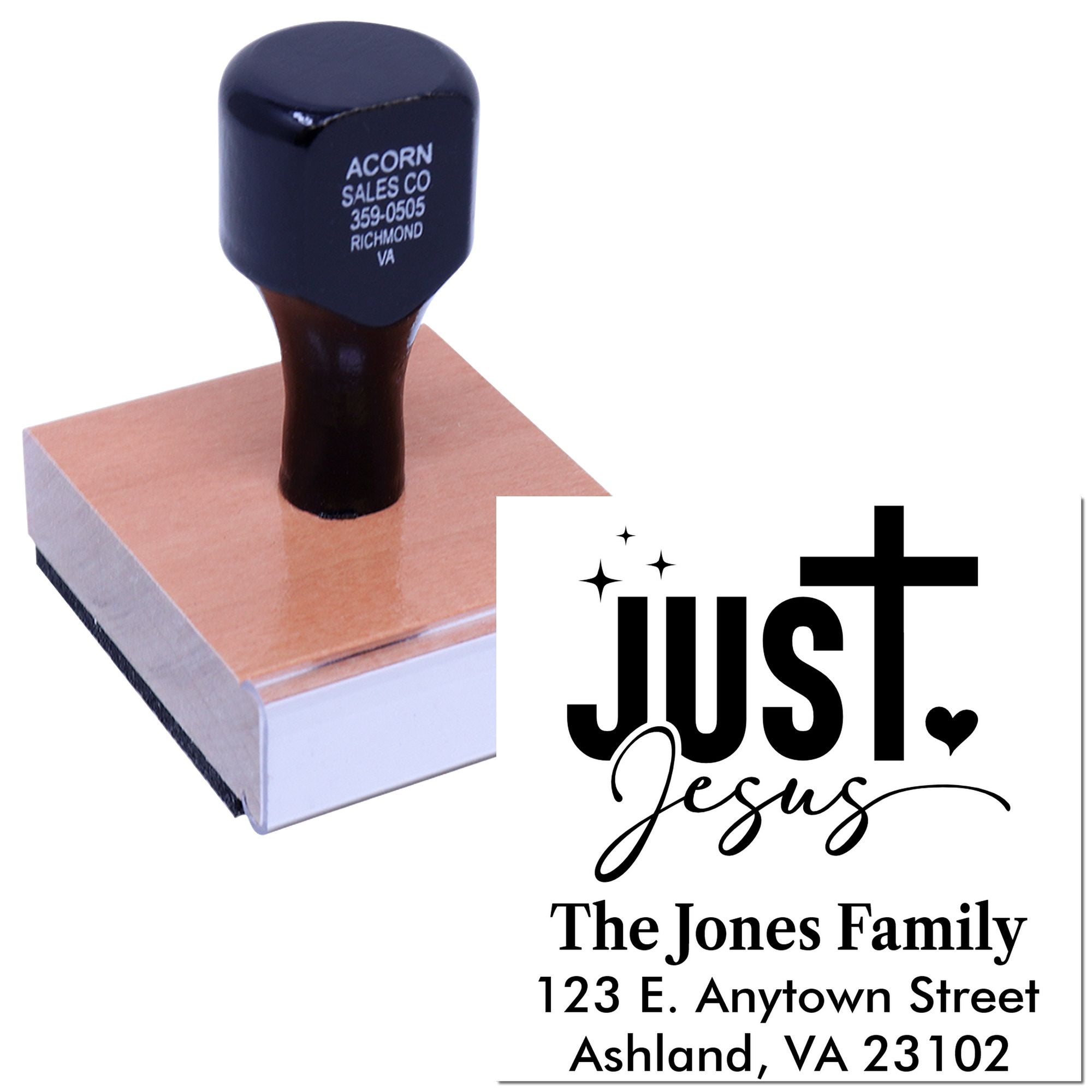 Custom self-inking Christian address rubber stamp for The Jones Family, featuring Just Jesus and a personalized mailing address.