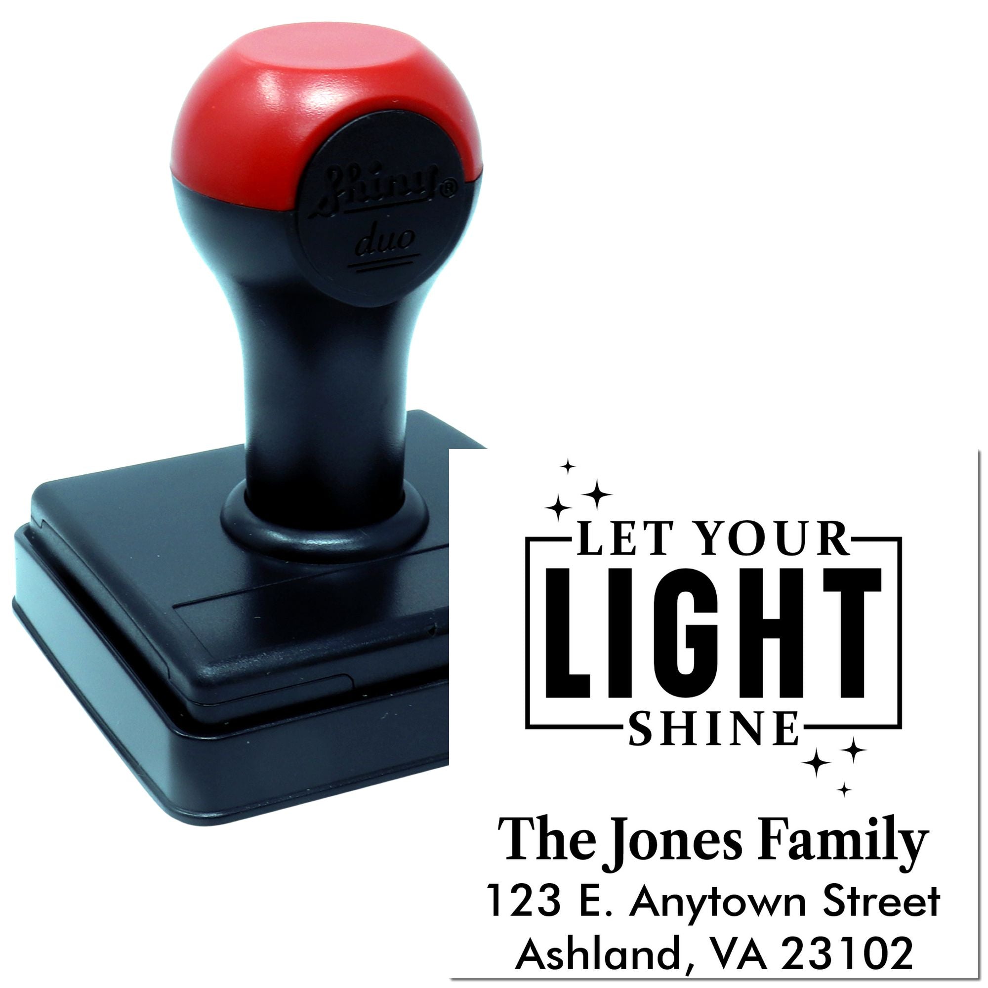 Custom self-inking rubber stamp with Let Your Light Shine design and personalized return address for The Jones Family.