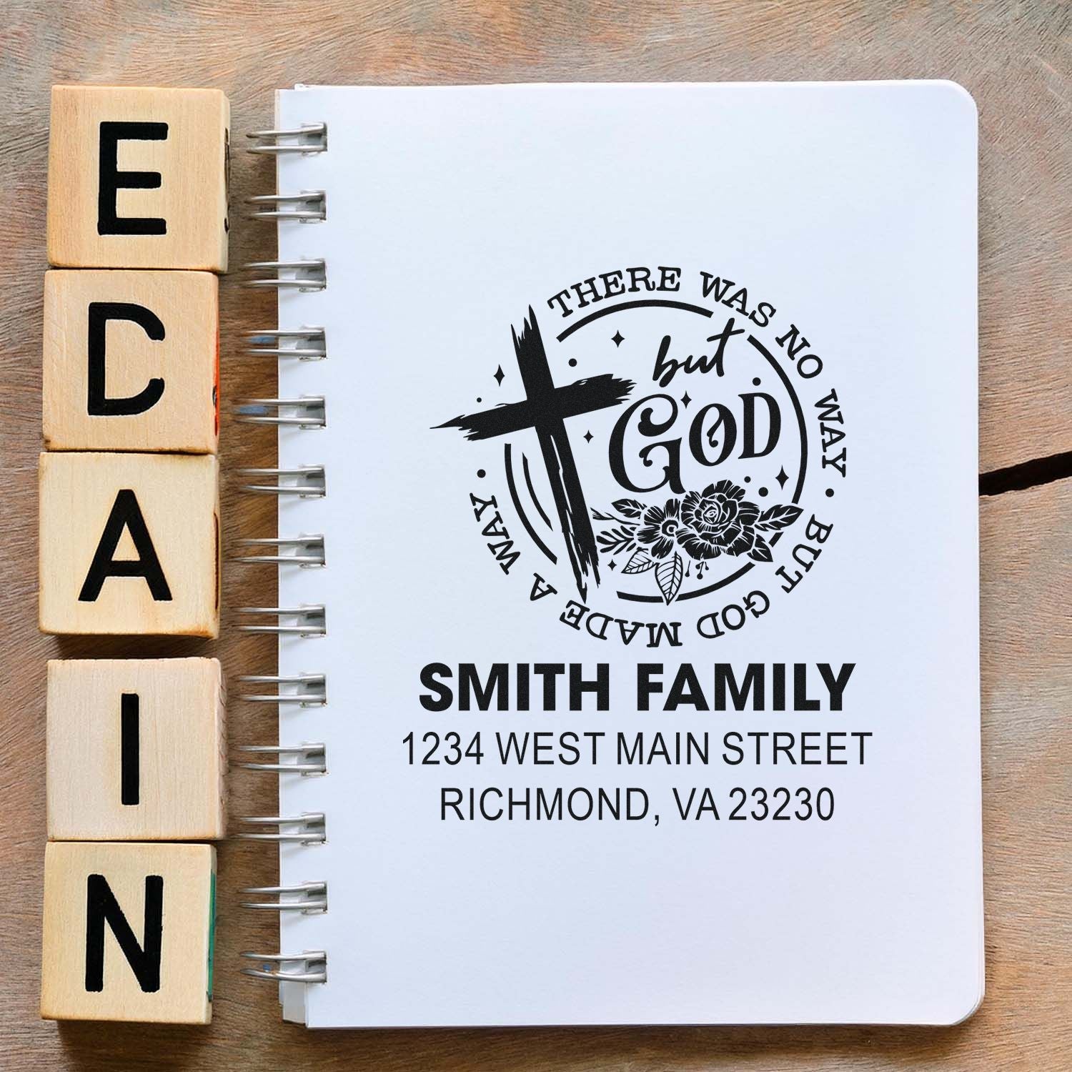 Personalized Christian return address rubber stamp with cross, floral design, Smith family name, and Richmond, VA address.