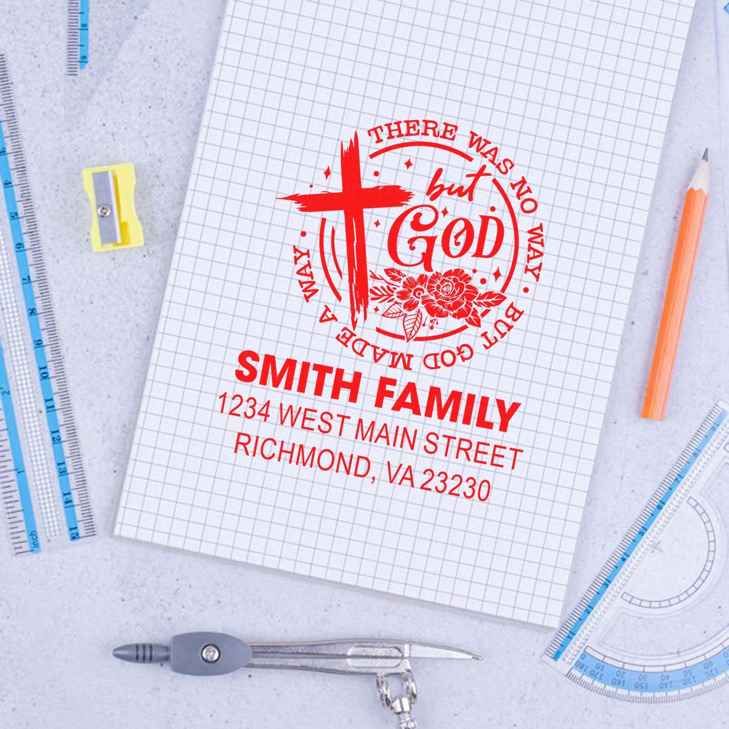Custom Christian family return address rubber stamp with cross design, Smith Family name, and address imprint