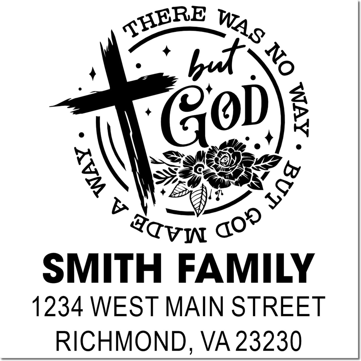 Custom Christian family return address rubber stamp with cross, flowers, Smith Family, and Richmond, VA address.
