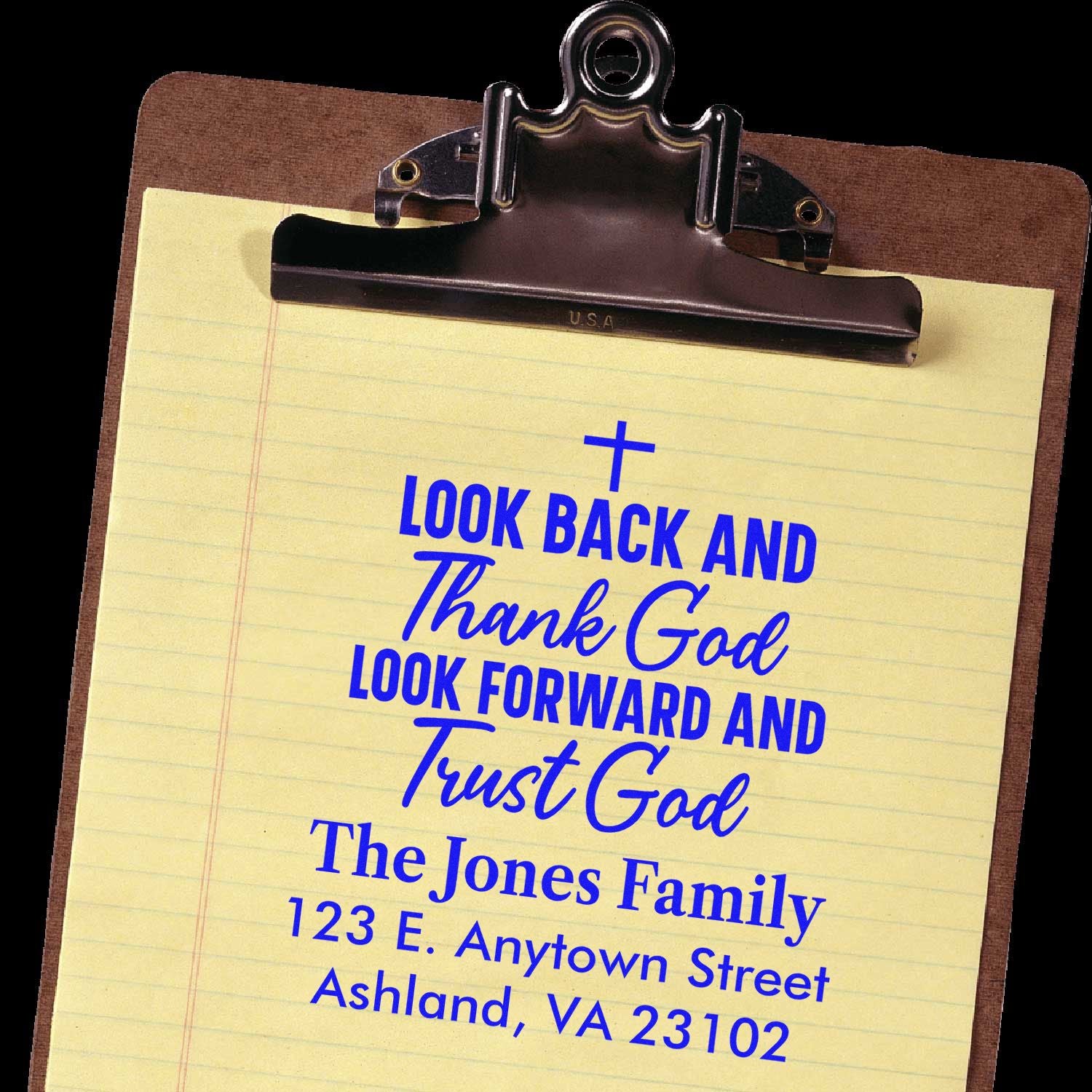 Custom rubber address stamp sample with Look Back and Thank God religious quote and family name.