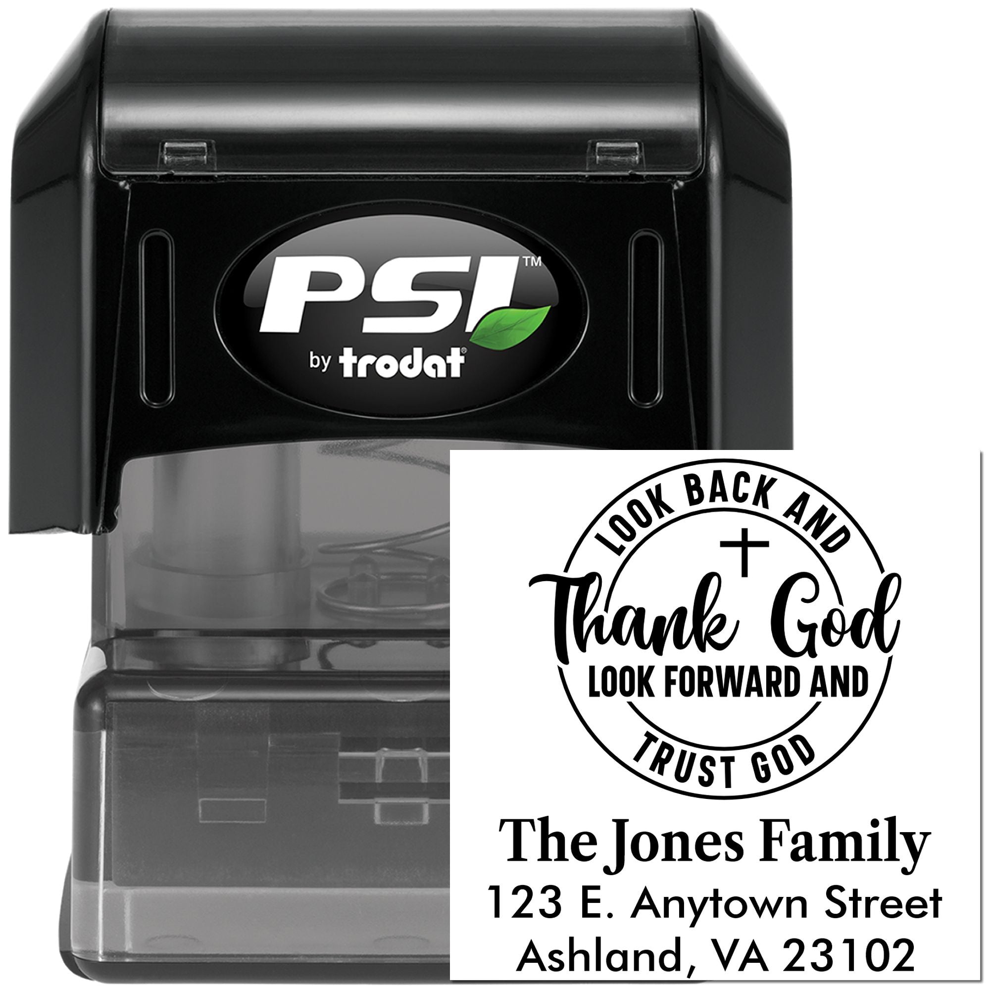 Custom self-inking rubber stamp with Christian thank-you message and personalized address for envelopes, cards, and gifts.