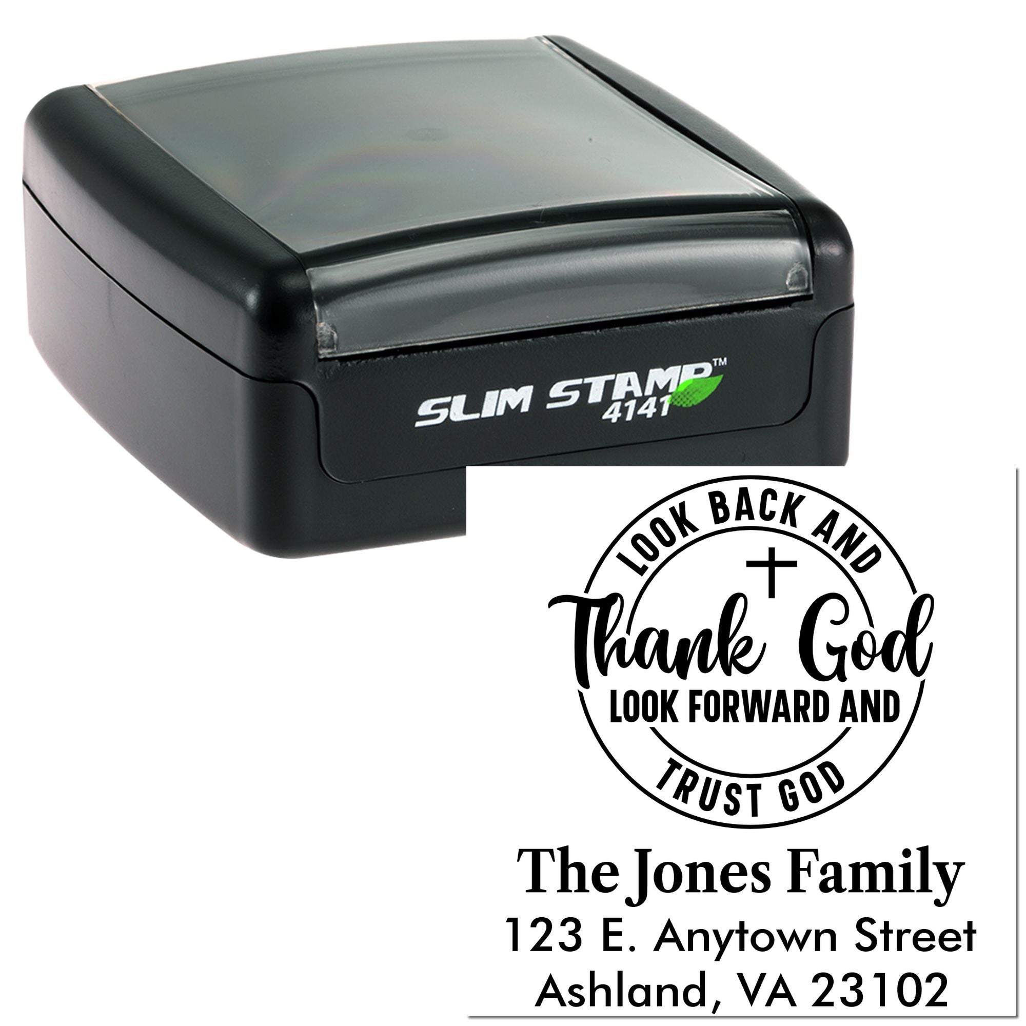 Custom self-inking rubber stamp with Christian quote, family name, and address for personalized mailing.