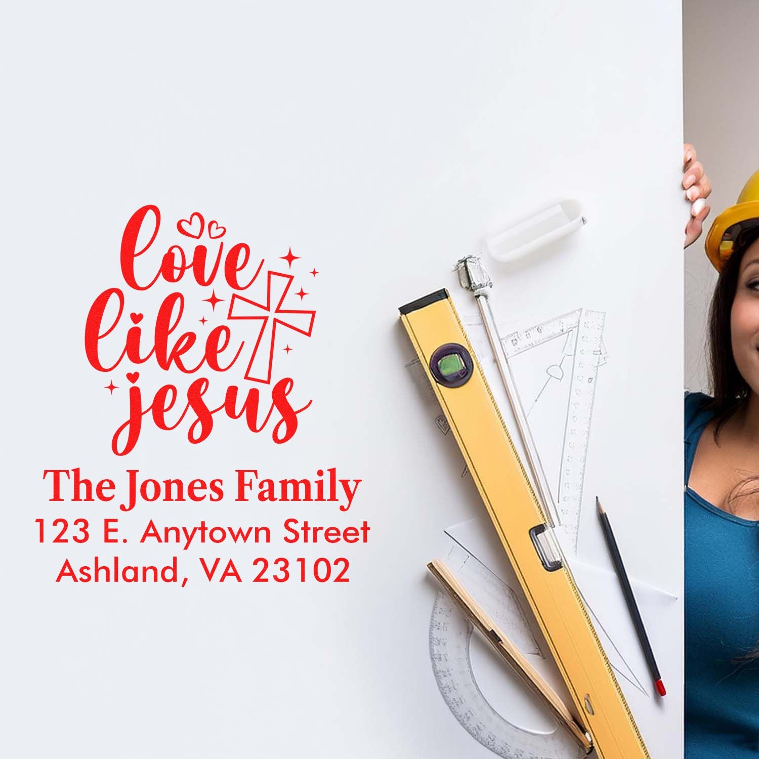 Custom address rubber stamp with Love Like Jesus for faith-based family mailings and personalized stationery.