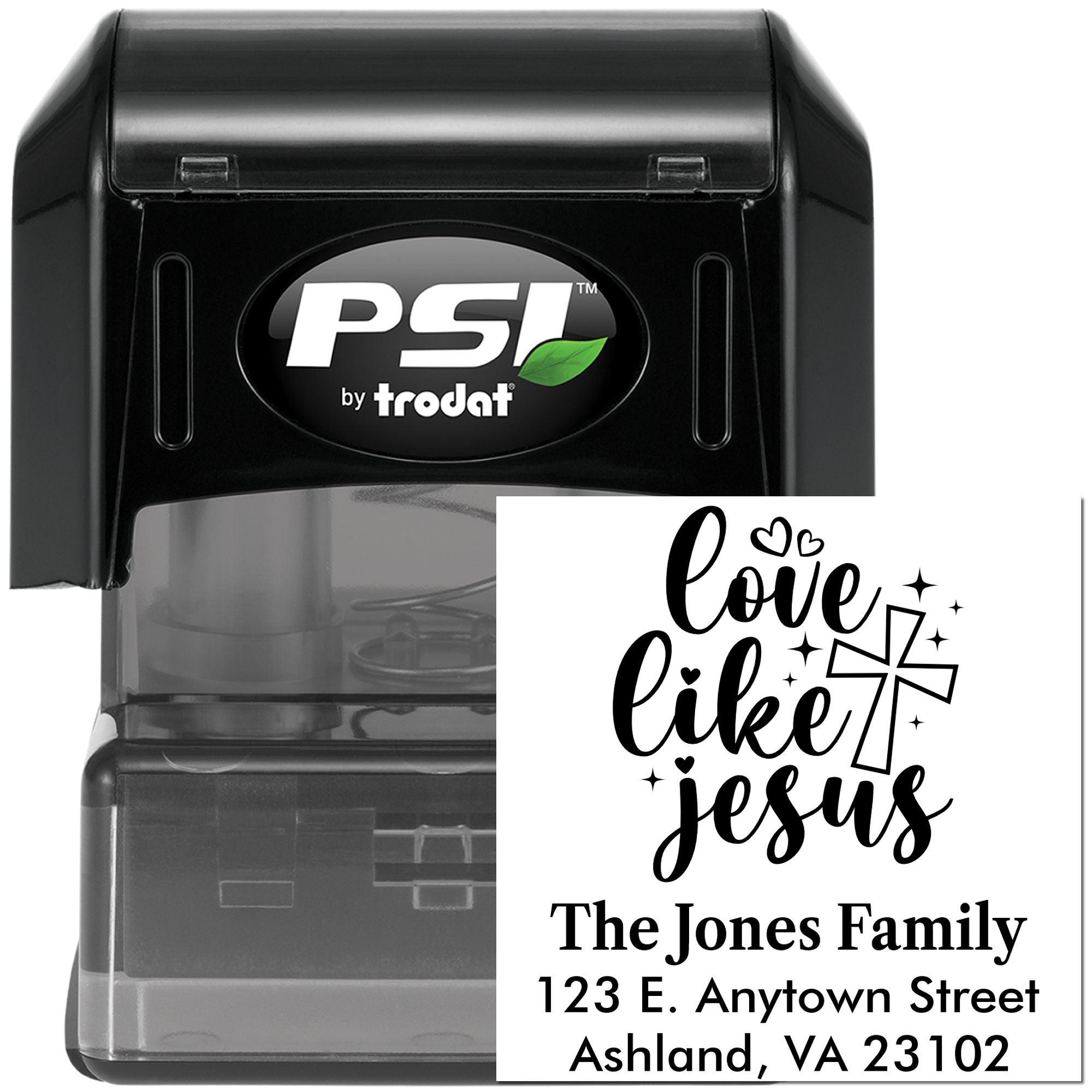 PSI by Trodat custom self-inking rubber stamp with Love Like Jesus return address design for The Jones Family.