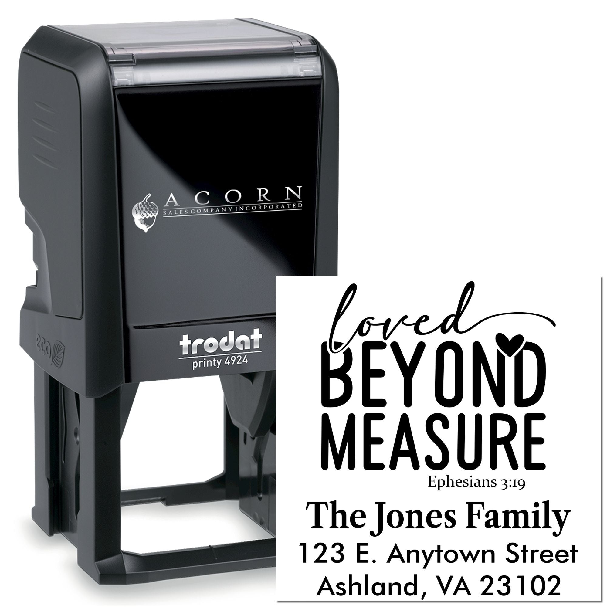 Custom address rubber stamp with Loved Beyond Measure faith quote and family name for personalized mailing.