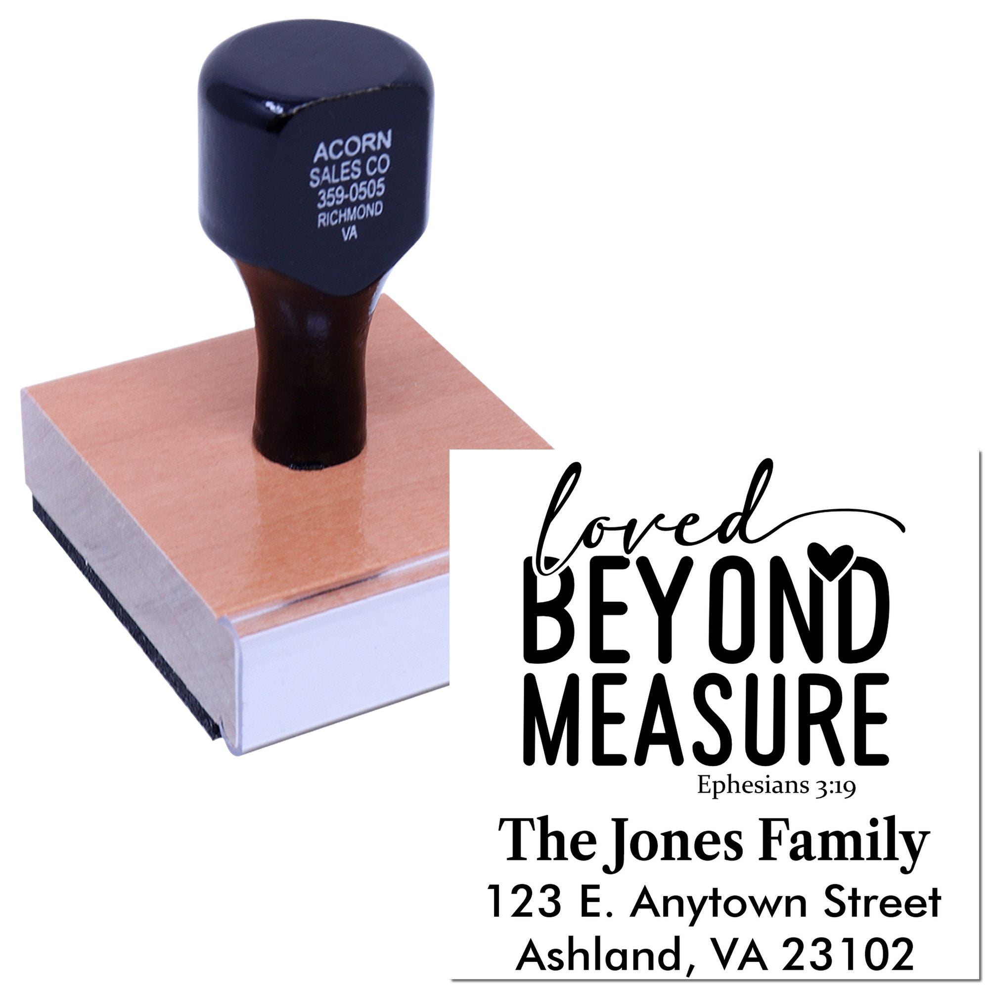 Custom rubber address stamp with Loved Beyond Measure family design for personalized wedding, home, or gift use.