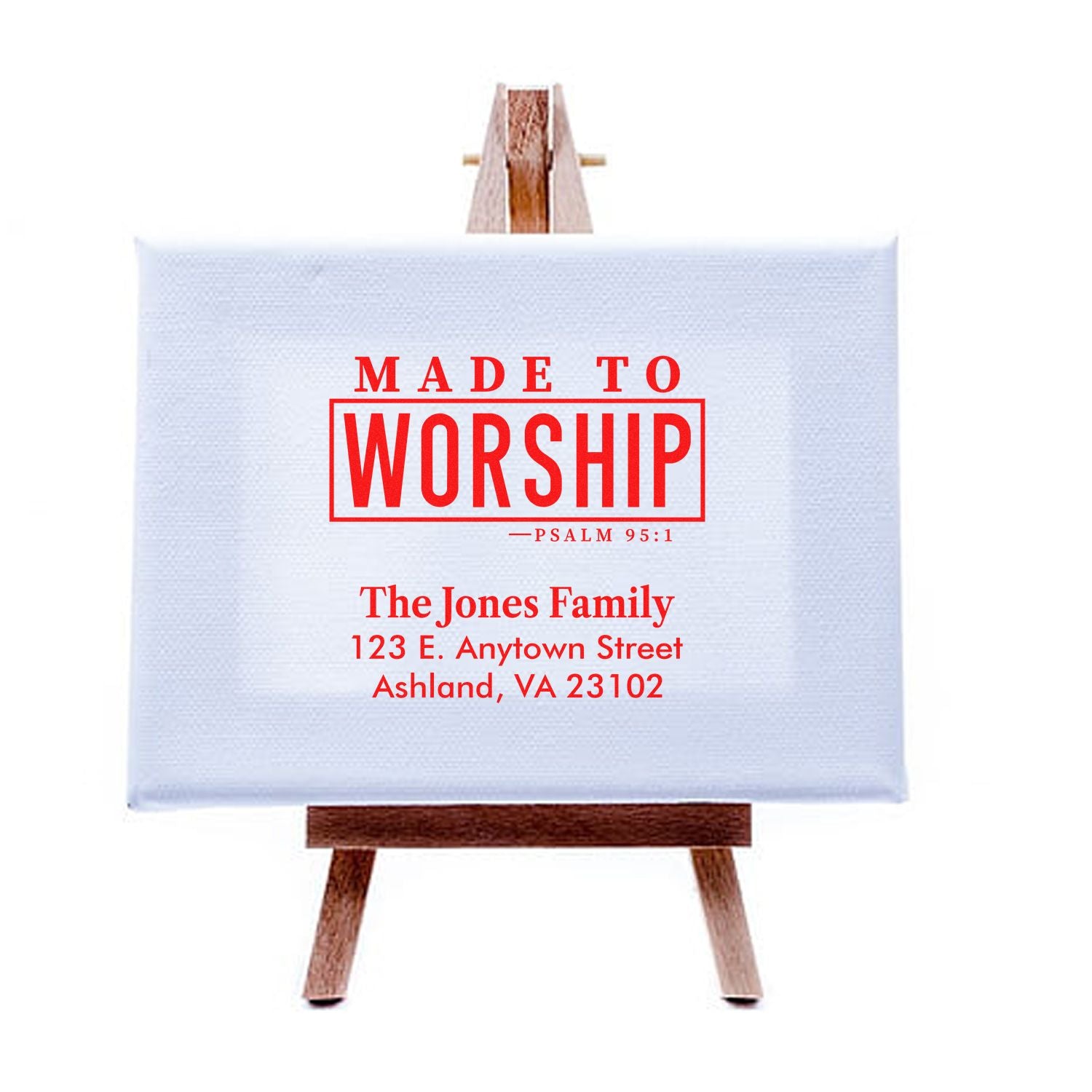 Custom rubber stamp design: Made to Worship with family name, address, and Psalm 95:1 for personalized Christian decor.