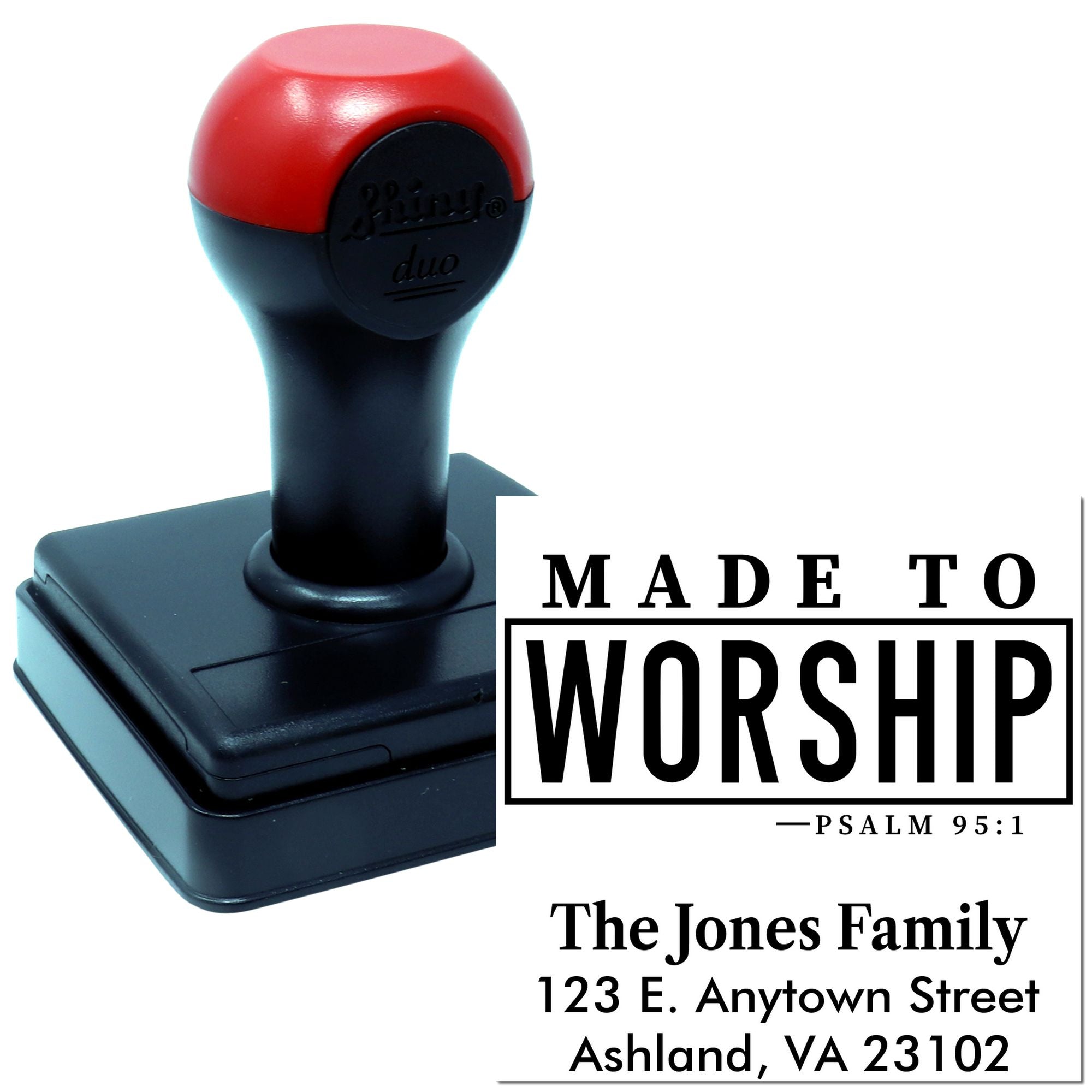 Custom Christian return address rubber stamp with Made to Worship design, Psalm 95:1, and The Jones Family address.
