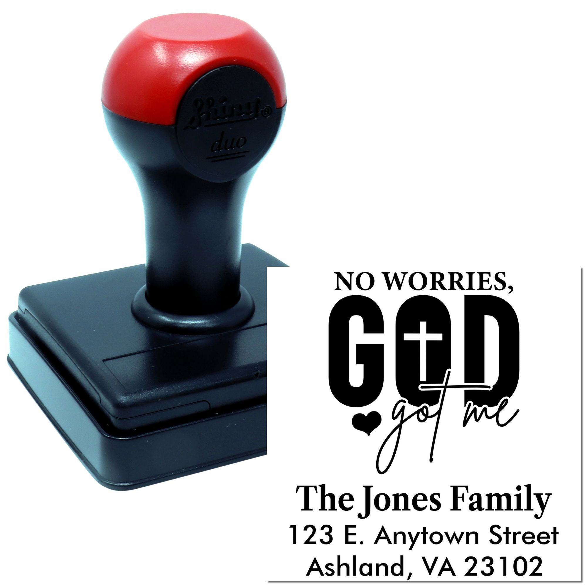 Custom self-inking rubber stamp for Christian return address: "No worries, God got me" with family name and address.