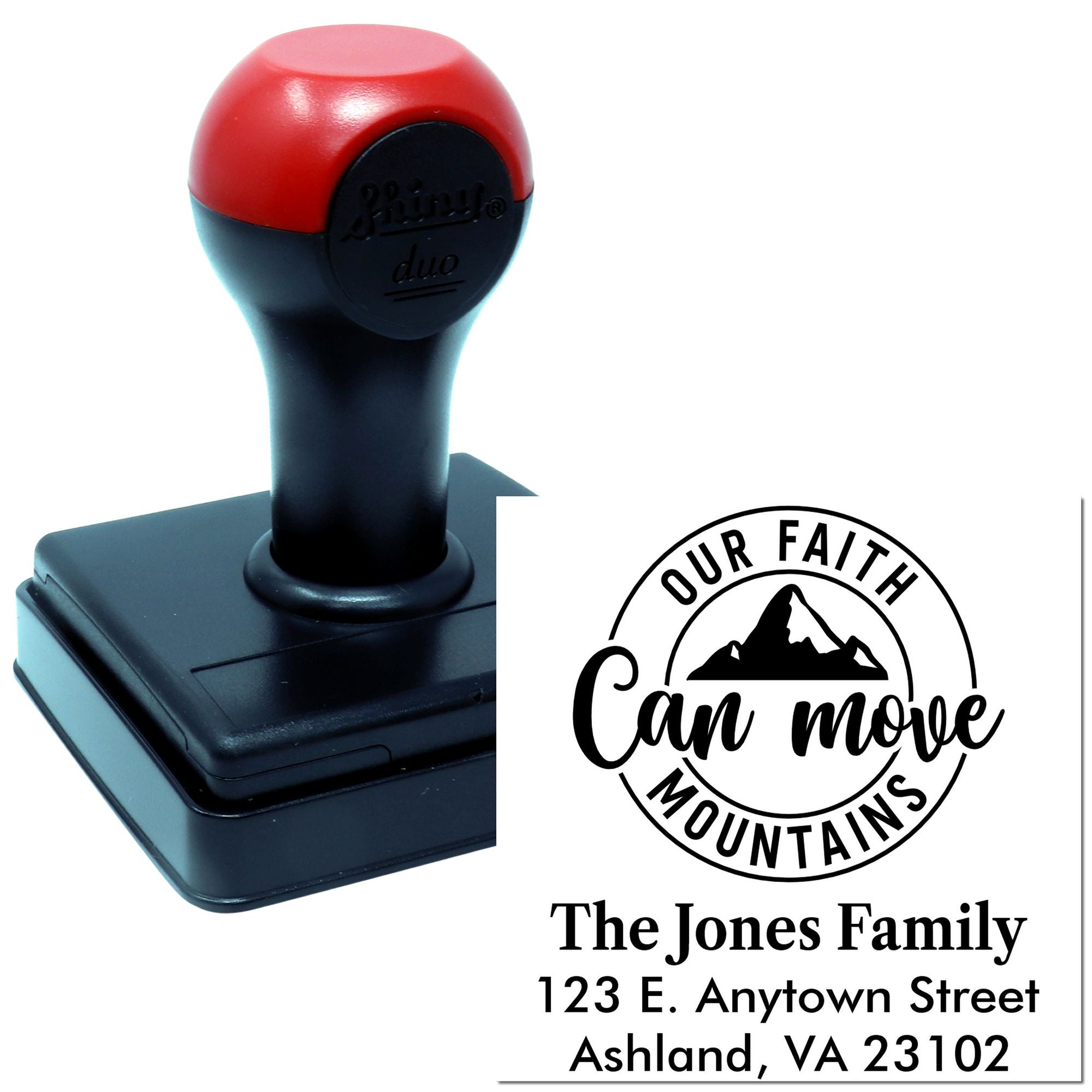 Custom self-inking rubber stamp with faith mountain design and personalized family address for envelopes, cards, and home use.