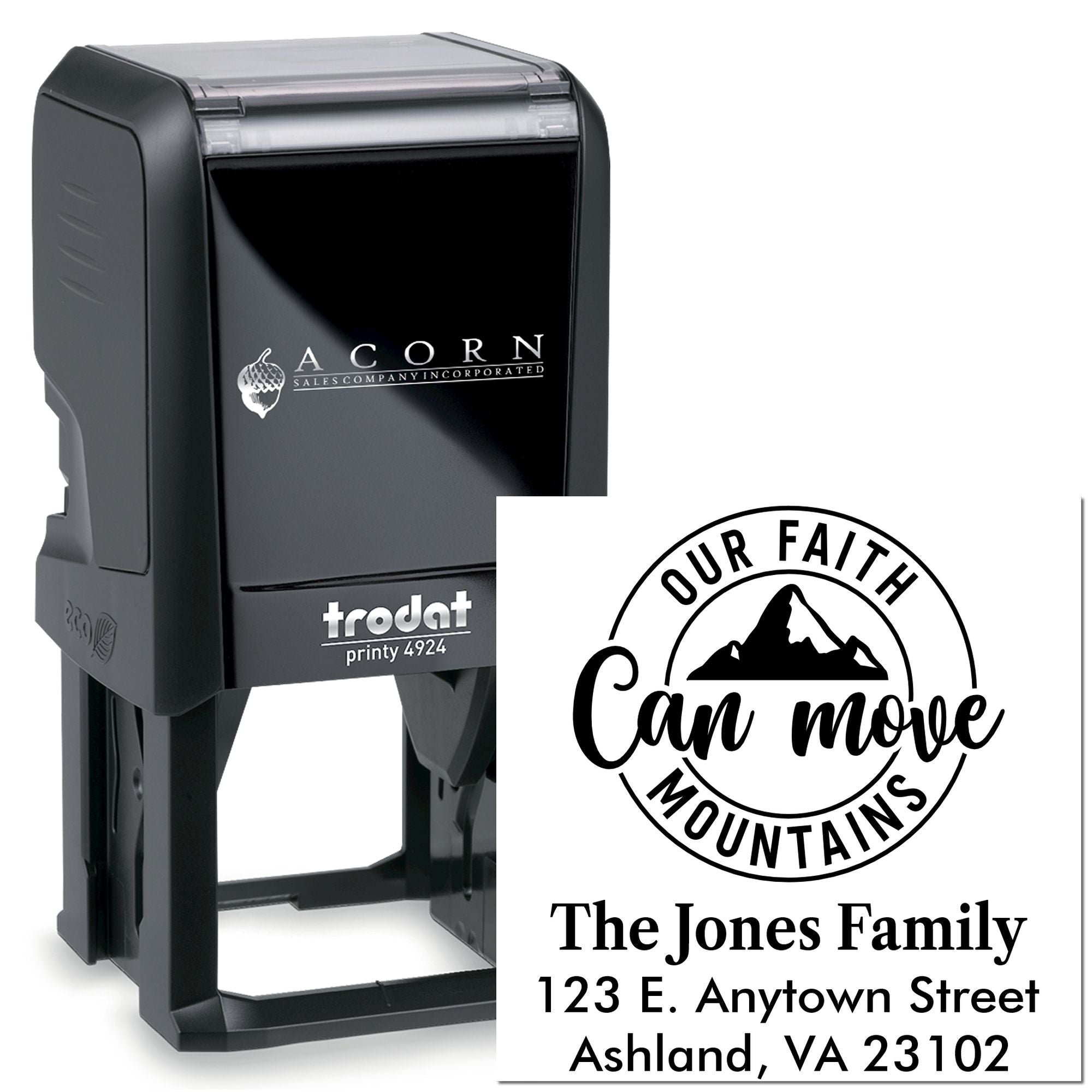 Custom self-inking rubber address stamp with mountain logo, family name, and return address for personalized mailing.