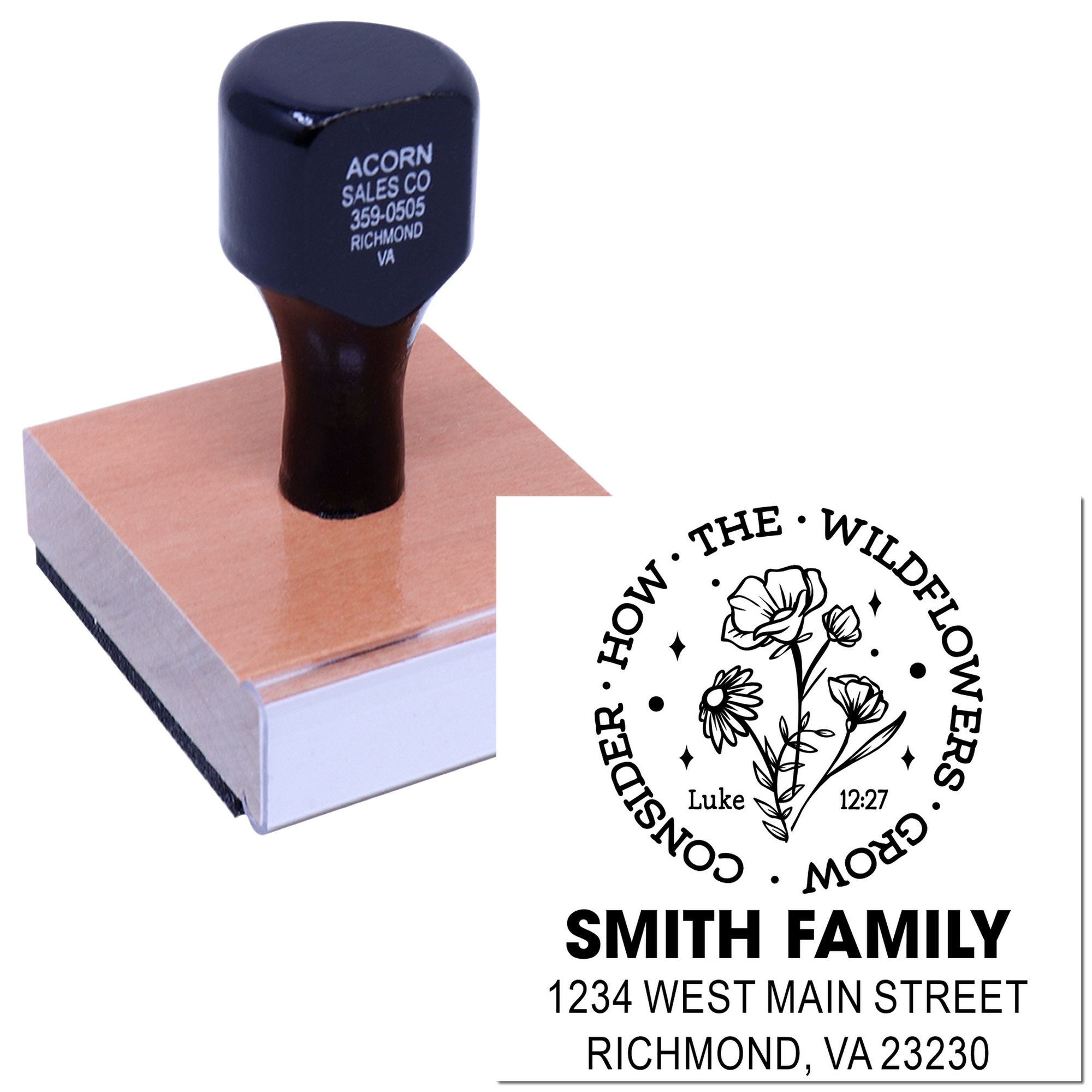 Custom floral family address rubber stamp with Bible verse, Smith Family name, and return address.