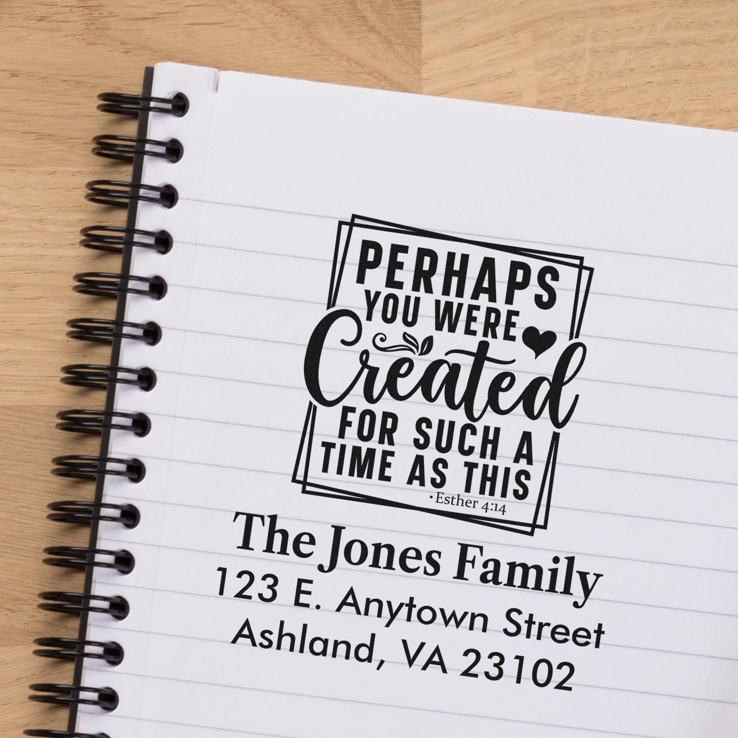 Custom rubber stamp impression with Bible verse Perhaps you were created for such a time as this and personalized family address.