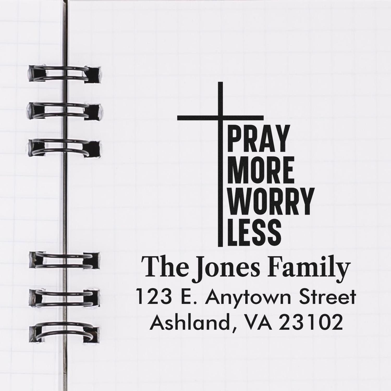 Custom Christian return address rubber stamp with cross, Pray More Worry Less, and personalized family address design.