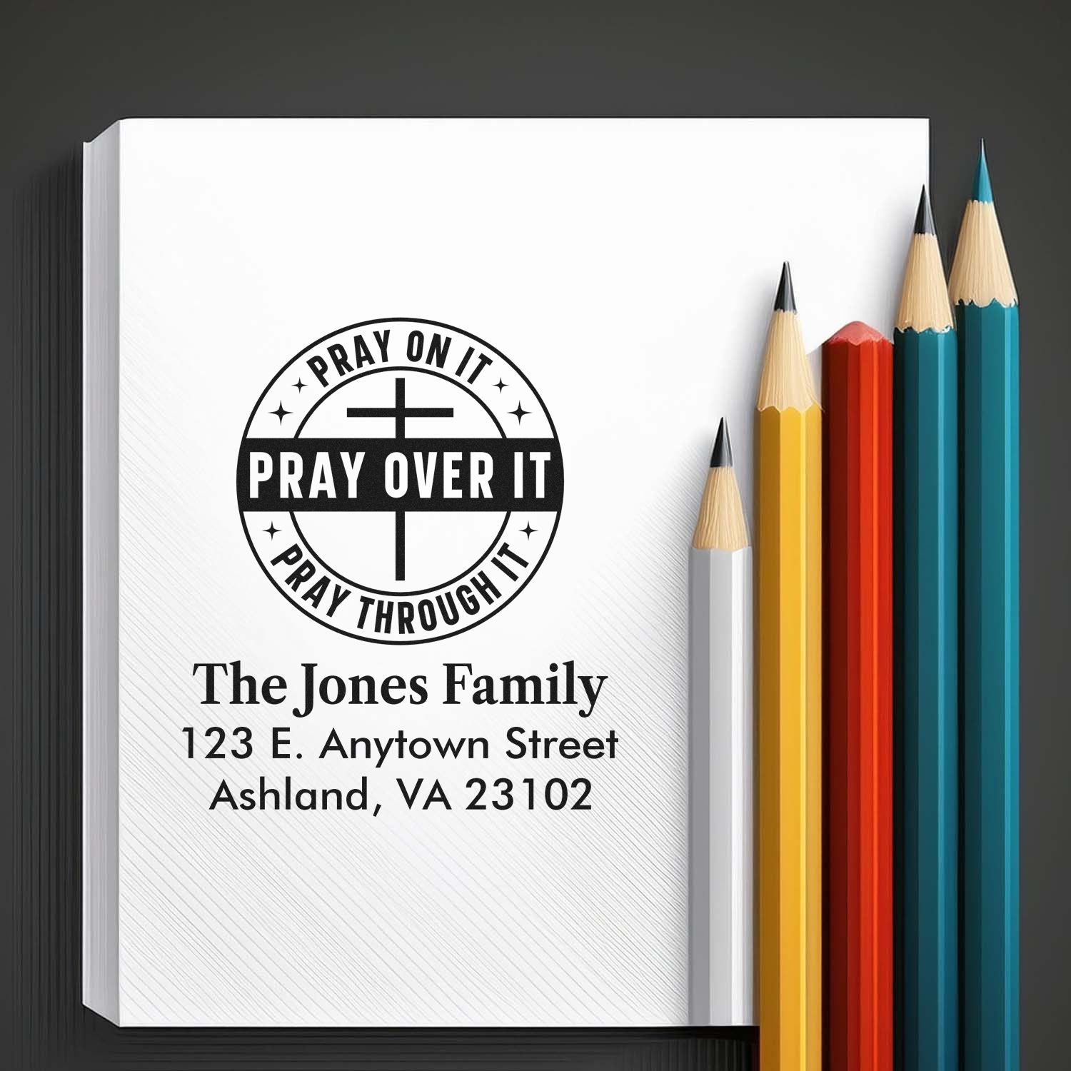 Personalized Christian family rubber stamp with prayer message and address for notebooks, stationery, and handmade crafts.