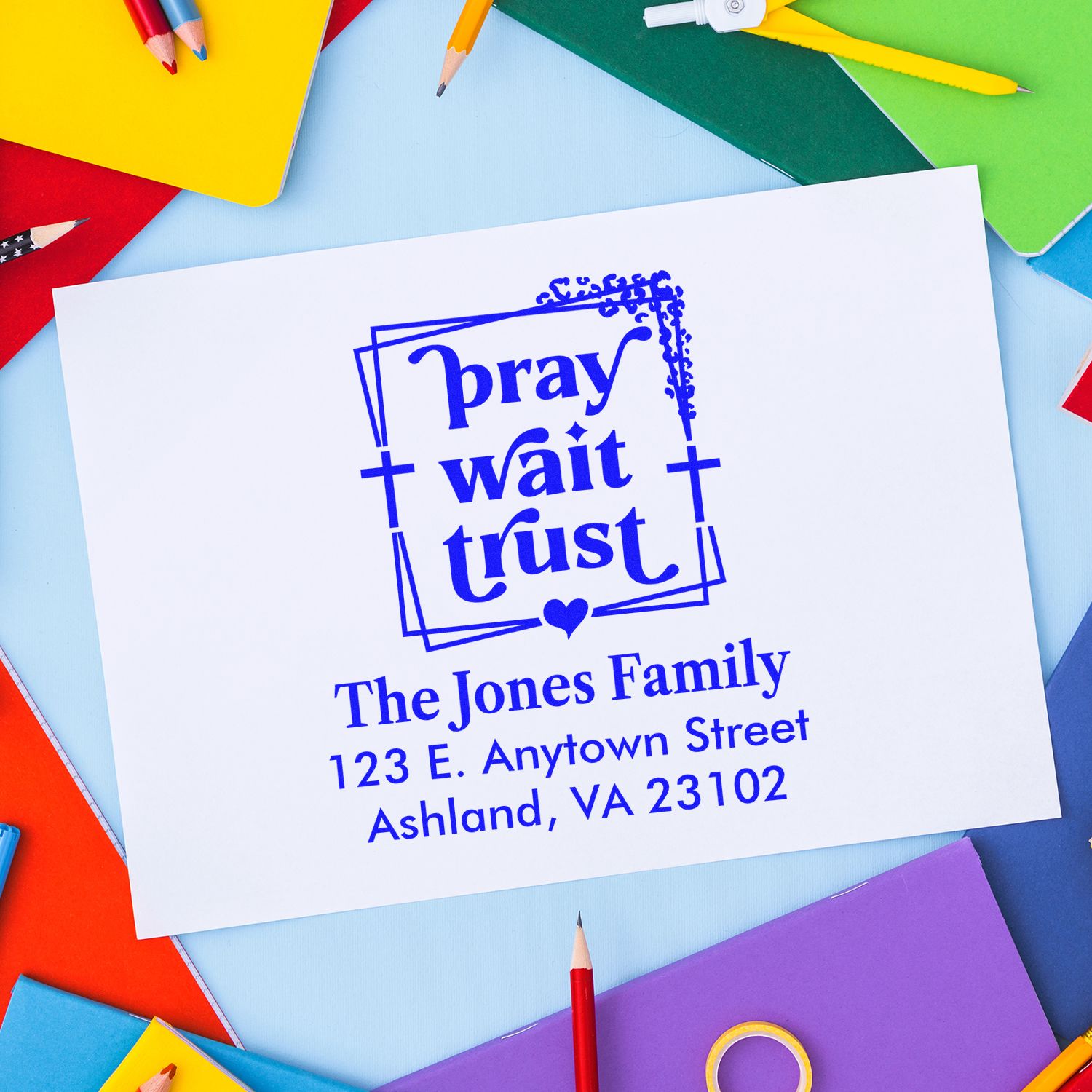 Personalized return address rubber stamp with pray wait trust Christian design for family mailings.